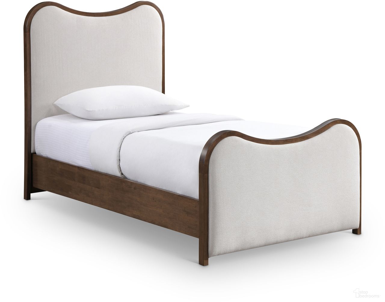 The appearance of Arvada Linen Textured Fabric Upholstered Twin Bed In Beige and Brushed Walnut designed by Meridian in the transitional interior design. This beige/brushed walnut piece of furniture was selected by 1StopBedrooms from Arvada Collection to add a touch of cosiness and style into your home. Sku: B1239Beige-T Box 1/3 (Headboard);B1239Beige-T Box 2/3 (Footboard);B1239Beige-T Box 3/3 (Siderails / Slats / Hardware). Bed Size: Twin. Material: Linen. Bed Type: Upholstered Bed.