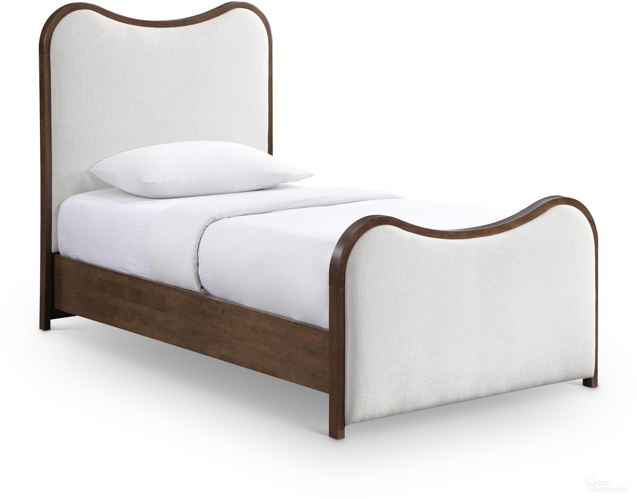 The appearance of Arvada Linen Textured Fabric Upholstered Twin Bed In Cream and Brushed Walnut designed by Meridian in the transitional interior design. This cream/brushed walnut piece of furniture was selected by 1StopBedrooms from Arvada Collection to add a touch of cosiness and style into your home. Sku: B1239Cream-T Box 1/3 (Headboard);B1239Cream-T Box 2/3 (Footboard);B1239Cream-T Box 3/3 (Siderails / Slats / Hardware). Bed Size: Twin. Material: Linen. Bed Type: Upholstered Bed.