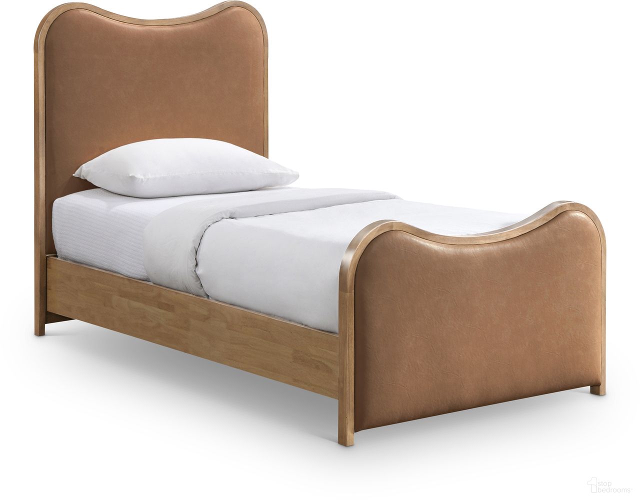 The appearance of Arvada Vegan Leather Upholstered Twin Bed In Cognac and Brushed Natural designed by Meridian in the transitional interior design. This cognac/brushed natural piece of furniture was selected by 1StopBedrooms from Arvada Collection to add a touch of cosiness and style into your home. Sku: B1236Cognac-T Box 1/3 (Headboard);B1236Cognac-T Box 2/3 (Footboard);B1236Cognac-T Box 3/3 (Siderails / Slats / Hardware). Bed Size: Twin. Material: Vegan Leather. Bed Type: Upholstered Bed.