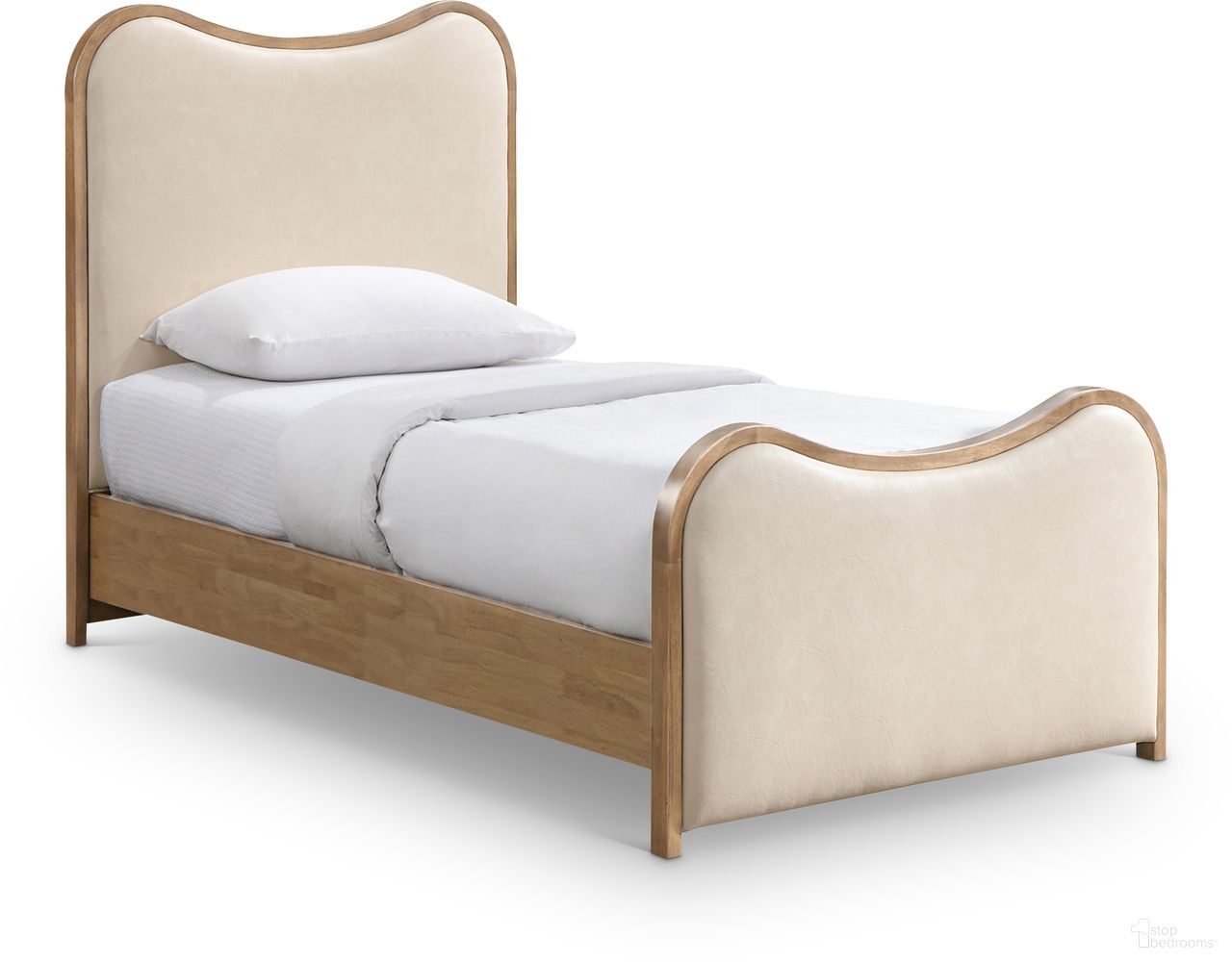 The appearance of Arvada Vegan Leather Upholstered Twin Bed In Cream and Brushed Natural designed by Meridian in the transitional interior design. This cream/brushed natural piece of furniture  was selected by 1StopBedrooms from Arvada Collection to add a touch of cosiness and style into your home. Sku: B1236Cream-T Box 1/3 (Headboard);B1236Cream-T Box 2/3 (Footboard);B1236Cream-T Box 3/3 (Siderails / Slats / Hardware). Bed Size: Twin. Material: Vegan Leather. Bed Type: Upholstered Bed.