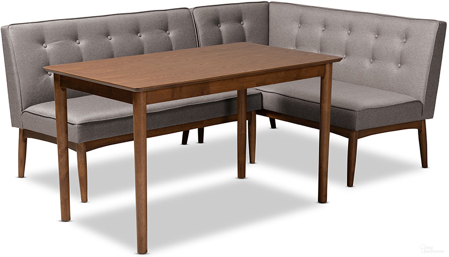 The appearance of Arvid Mid-Century Modern Gray Fabric Upholstered 3-Piece Wood Dining Nook Set designed by Baxton Studio in the transitional interior design. This gray piece of furniture was selected by 1StopBedrooms from Arvid Collection to add a touch of cosiness and style into your home. Sku: BBT8051-Grey/Walnut-3PC Dining Nook Set. Material: Wood.