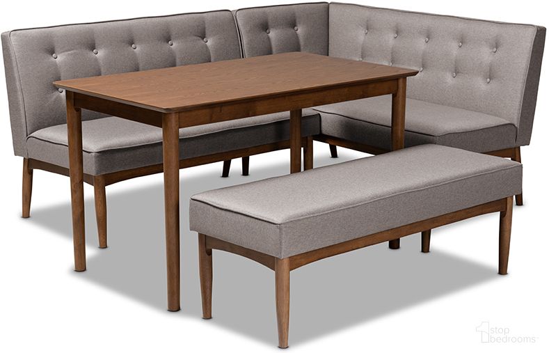 The appearance of Arvid Mid-Century Modern Gray Fabric Upholstered 4-Piece Wood Dining Nook Set designed by Baxton Studio in the transitional interior design. This gray piece of furniture was selected by 1StopBedrooms from Arvid Collection to add a touch of cosiness and style into your home. Sku: BBT8051-Grey/Walnut-4PC Dining Nook Set. Material: Wood.