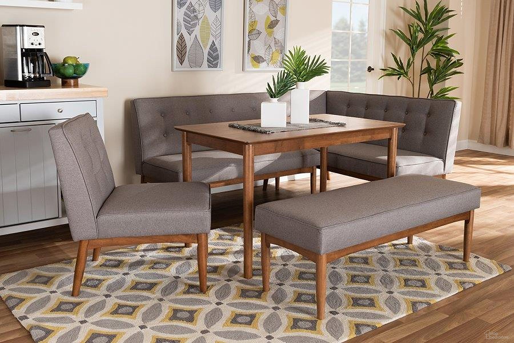 The appearance of Arvid Mid-Century Modern Gray Fabric Upholstered 5-Piece Wood Dining Nook Set designed by Baxton Studio in the transitional interior design. This gray piece of furniture was selected by 1StopBedrooms from Arvid Collection to add a touch of cosiness and style into your home. Sku: BBT8051-Grey/Walnut-5PC Dining Nook Set. Material: Wood.