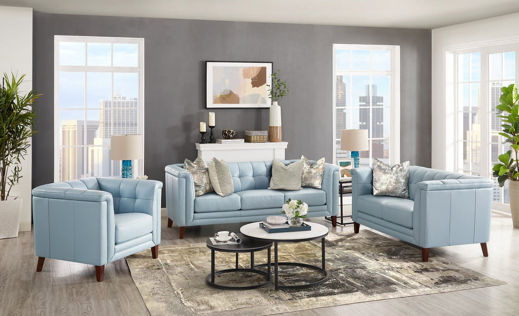 The appearance of Arvo Leather Living Room Set In Spa Blue designed by Hydeline in the modern / contemporary interior design. This spa blue piece of furniture  was selected by 1StopBedrooms from Arvo Collection to add a touch of cosiness and style into your home. Sku: 67268-30V02-LS2521;67268-20V02-LS2521. Material: Leather.
