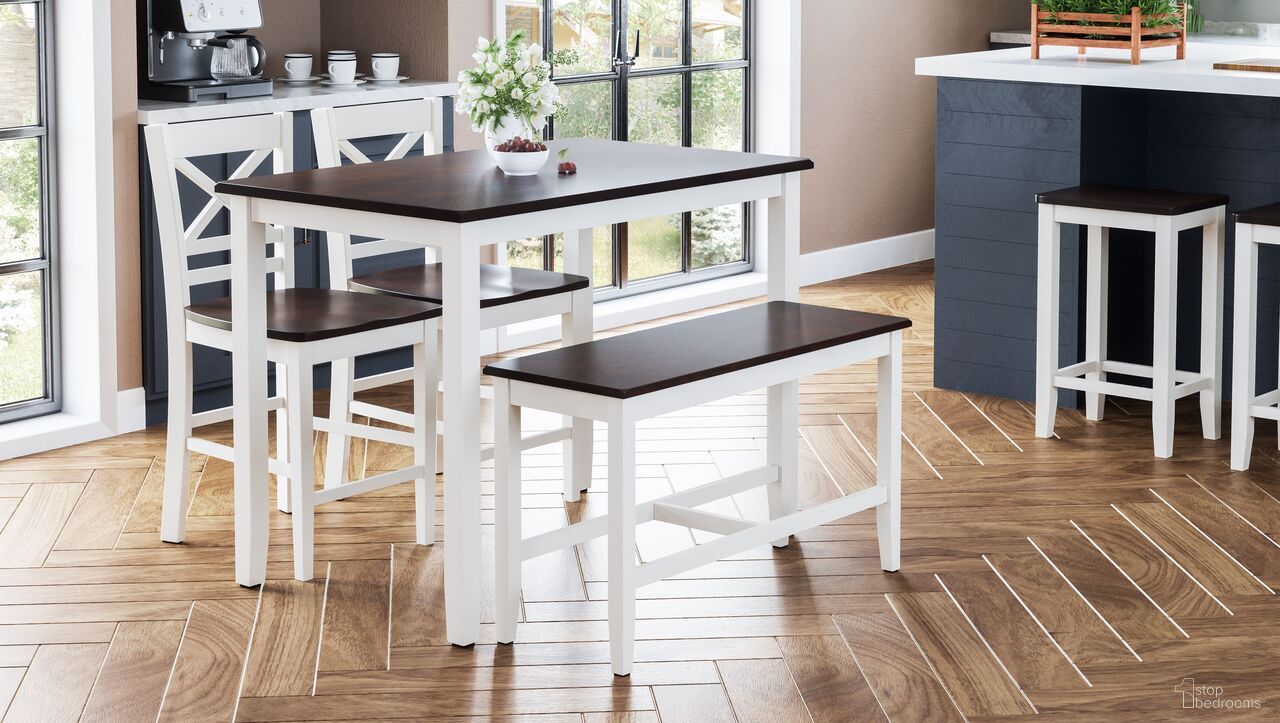 The appearance of Asbury Park 4 Piece Counter Height Dining Room Set with Bench In White designed by Jofran in the transitional interior design. This white piece of furniture was selected by 1StopBedrooms from Asbury Park Collection to add a touch of cosiness and style into your home. Sku: 1806. Material: Acacia.