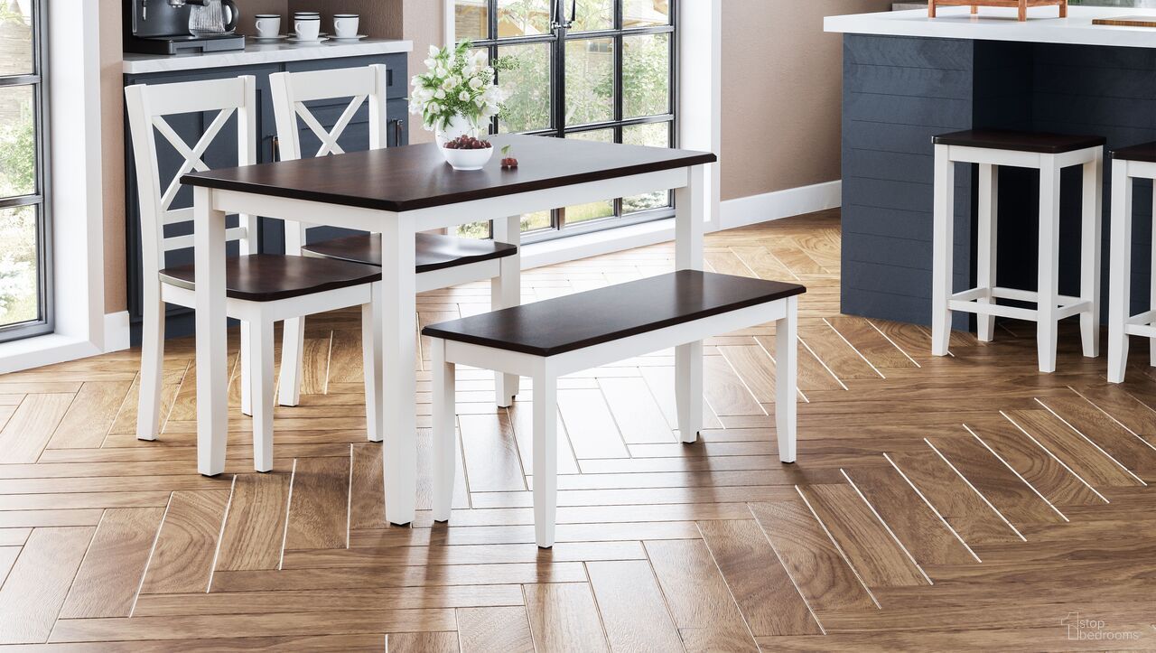 The appearance of Asbury Park 4 Piece Dining Room Set with Bench In White designed by Jofran in the transitional interior design. This white piece of furniture was selected by 1StopBedrooms from Asbury Park Collection to add a touch of cosiness and style into your home. Sku: 1805. Material: Acacia.