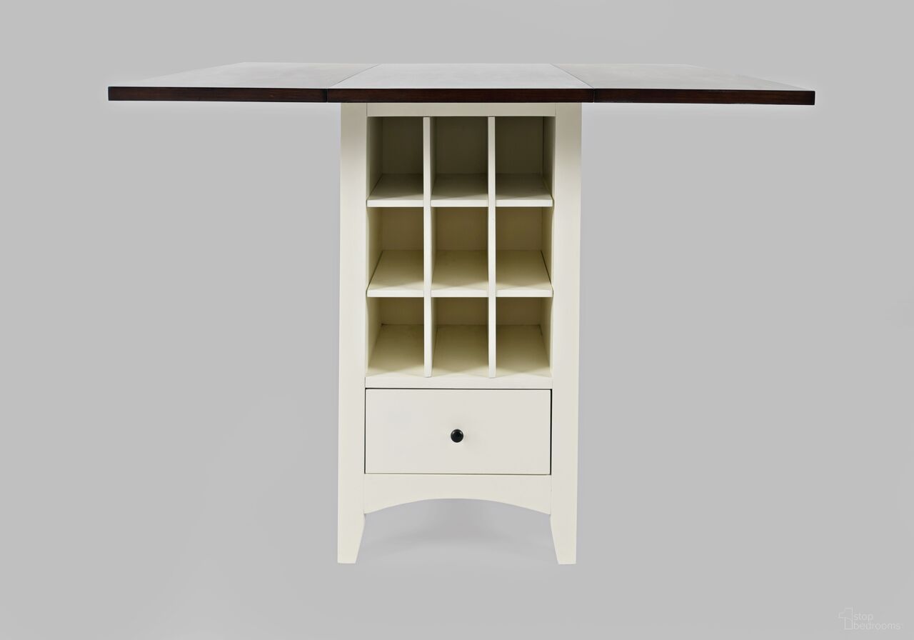 The appearance of Asbury Park Storage Counter Drop Leaf Dining Table with Wine Rack In White designed by Jofran in the modern / contemporary interior design. This white piece of furniture  was selected by 1StopBedrooms from Asbury Park Collection to add a touch of cosiness and style into your home. Sku: 1806-48. Table Base Style: Pedestal. Table Top Shape: Rectangular. Size: 42" x 48". Material: Acacia.