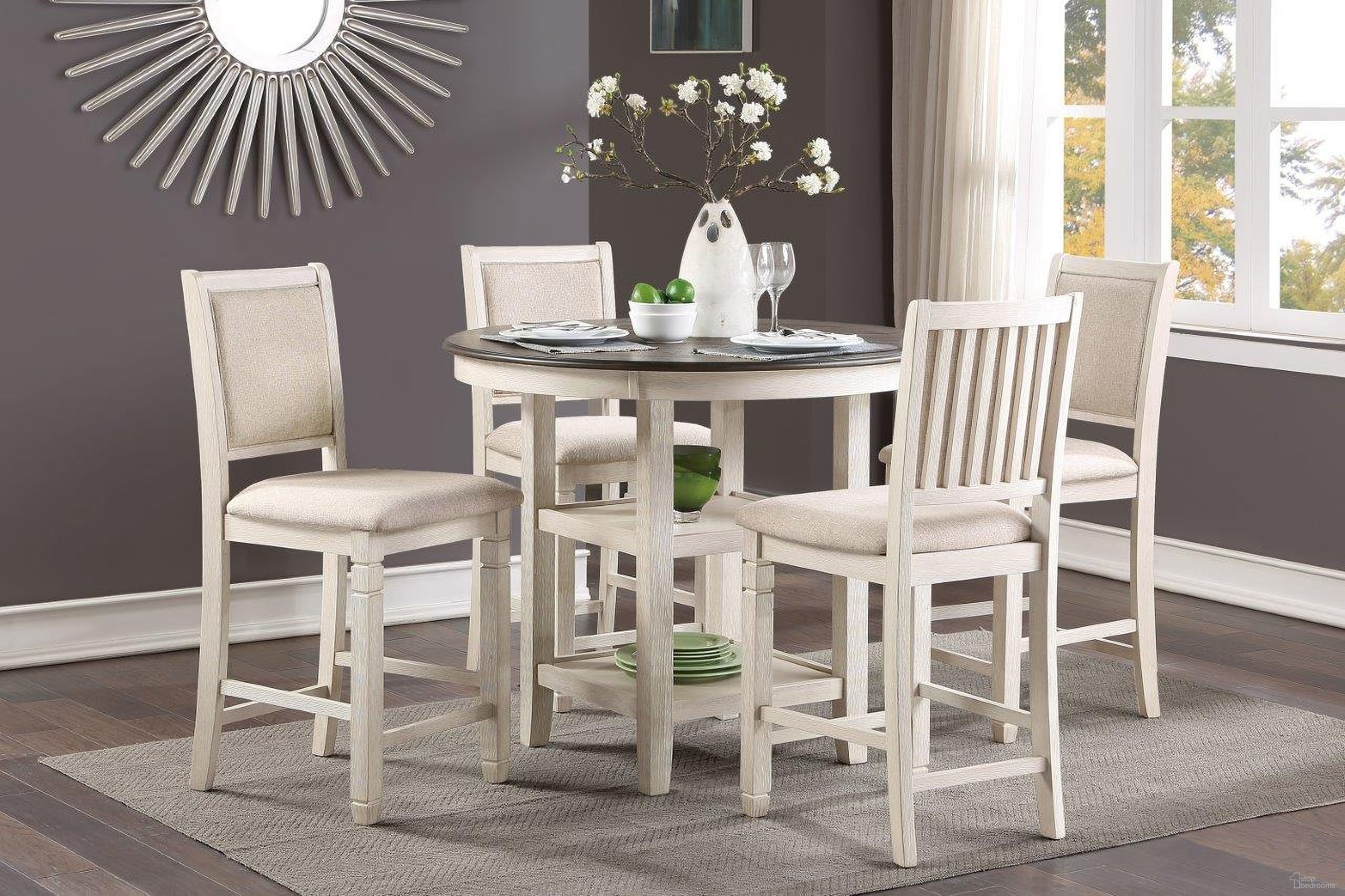The appearance of Asher Brown And White Counter Height Dining Room Set designed by Homelegance in the transitional interior design. This white and brown piece of furniture was selected by 1StopBedrooms from Asher Collection to add a touch of cosiness and style into your home. Sku: 5800WH-36;5800WH-24. Table Base Style: Legs. Table Top Shape: Round. Material: Wood. Size: 42".