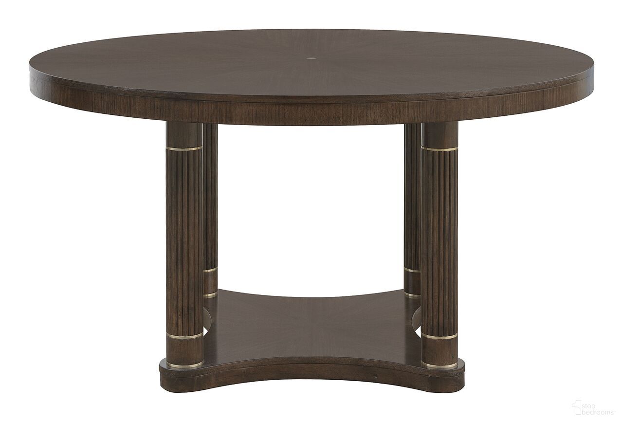 The appearance of Asher Park Round Dining Table In Piano Brown designed by Pulaski in the traditional interior design. This piano brown piece of furniture was selected by 1StopBedrooms from Asher Park Collection to add a touch of cosiness and style into your home. Sku: P393230;P393231. Table Base Style: Trestle. Table Top Shape: Round. Size: 56". Material: Solid Rubberwood.