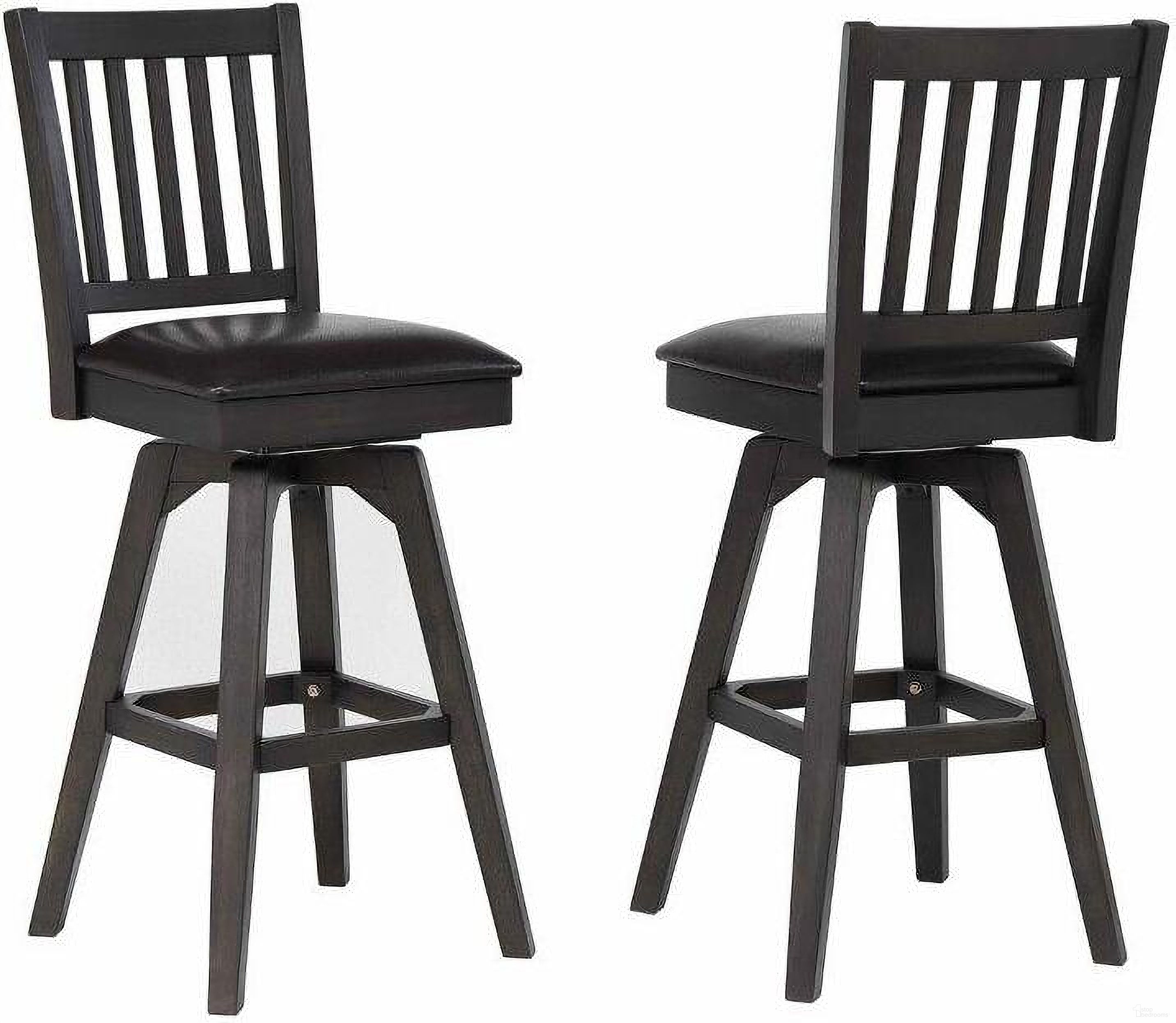 The appearance of Ashford 30 Inch Slat Back Swivel Bar Stool/vinyl seat, Black Set of 2 designed by ECI in the modern / contemporary interior design. This black piece of furniture  was selected by 1StopBedrooms from Ashford Collection to add a touch of cosiness and style into your home. Sku: 1859-23-BS. Material: Wood.