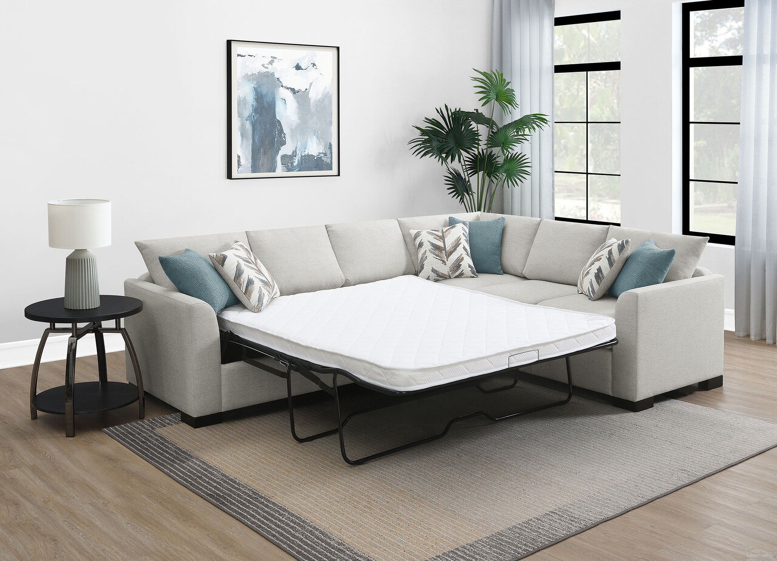 The appearance of Ashford Chenille Upholstered Sleeper Sectional Sofa In Greige designed by Coaster in the transitional interior design. This greige piece of furniture  was selected by 1StopBedrooms from Ashford Collection to add a touch of cosiness and style into your home. Sku: 500818B1;500818B2. Material: Chenille. Layout: Sofa & Chaise.