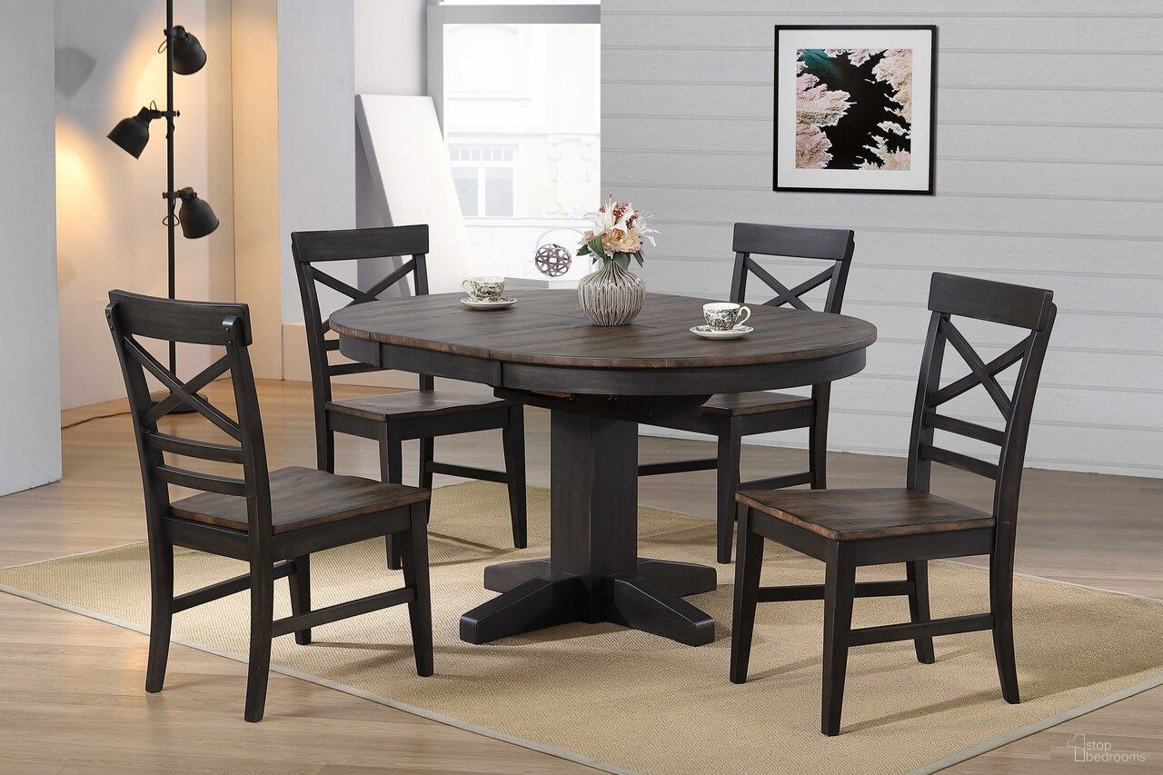 The appearance of Ashford Round Pedestal Dining Set In Black and Rustic Walnut designed by ECI in the rustic / southwestern interior design. This walnut and black piece of furniture was selected by 1StopBedrooms from Ashford Collection to add a touch of cosiness and style into your home. Sku: 1859-23-RT;1859-23-RB;1859-23-S3. Table Base Style: Pedestal. Table Top Shape: Oval. Size: 42". Material: Hardwood.