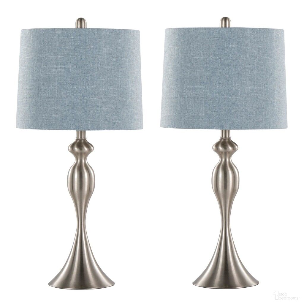Ashland 27 Inch Metal Table Lamp with Linen Shade Set of 2 In Brushed Nickel and Light Blue