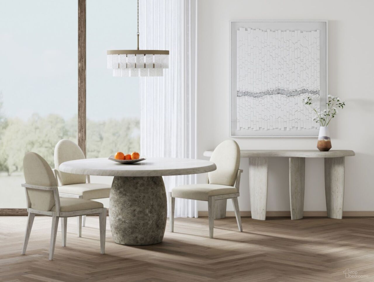 The appearance of Ashlar Round Dining Room Set In Bisque designed by A.R.T. in the modern / contemporary interior design. This bisque/sanded bronze piece of furniture was selected by 1StopBedrooms from Ashlar Collection to add a touch of cosiness and style into your home. Sku: 333225-2250TP;333225-1045BS;333206-2250. Table Top Shape: Round. Size: 60". Material: Birch Veneer.