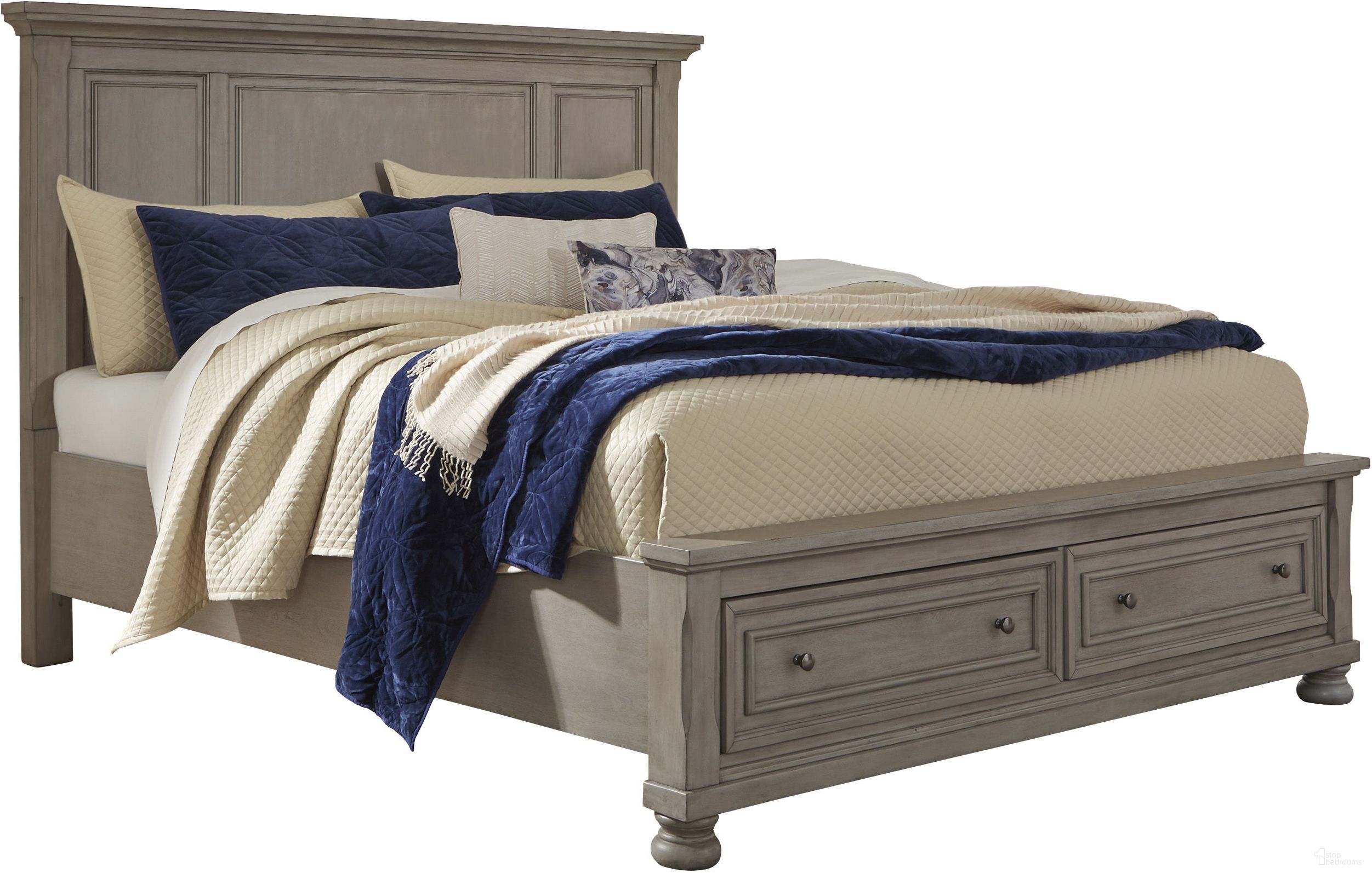 The appearance of Ashley Furniture Lettner California King Panel Storage Bed designed by Signature Design by Ashley in the transitional interior design. This light gray piece of furniture  was selected by 1StopBedrooms from Lettner Collection to add a touch of cosiness and style into your home. Sku: B733-76;B733-58;B733-95. Bed Type: Storage Bed. Material: Wood. Bed Size: California King.