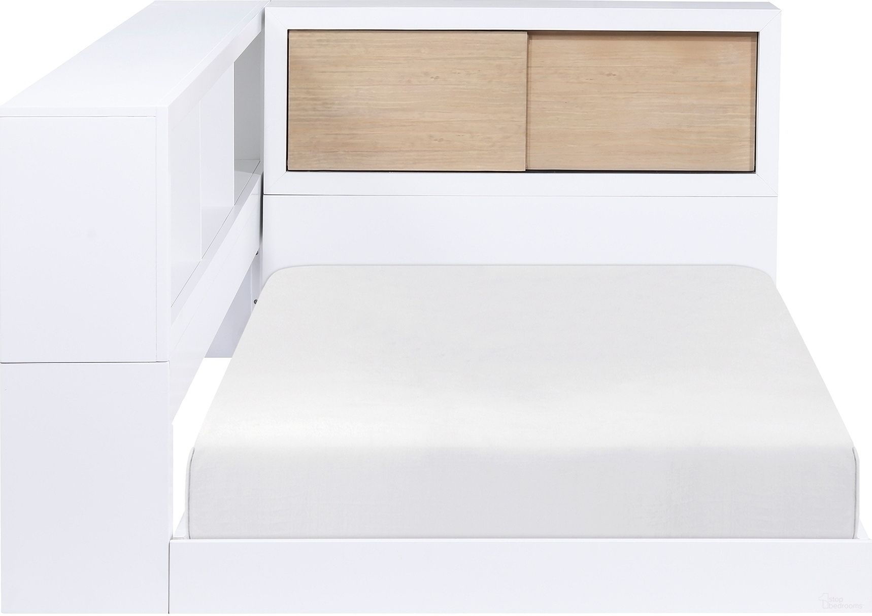 Asker Twin Bookcase Corner Platform Bed In White and Brown