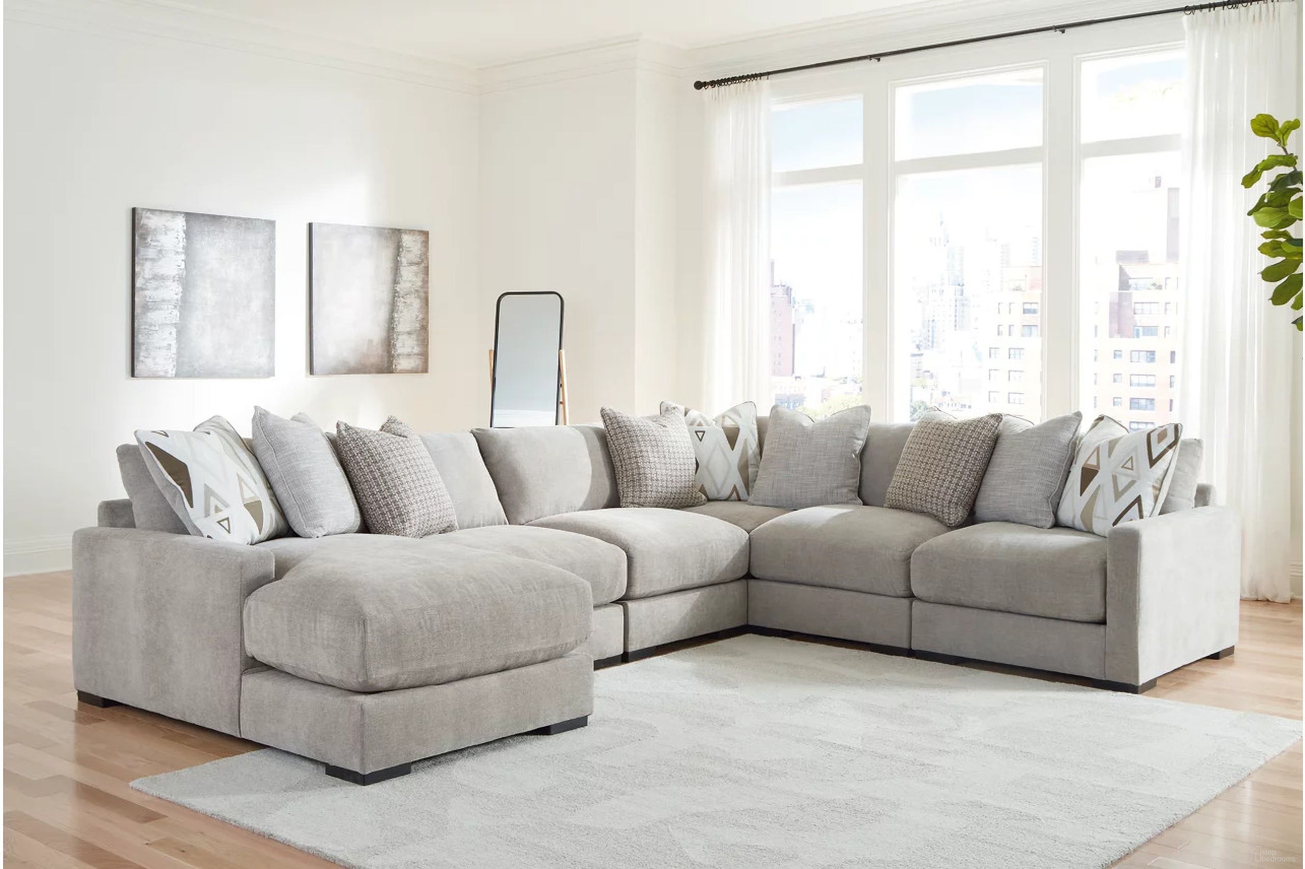 The appearance of Aslan Court 6-Piece Sectional with Chaise In Pebble designed by Signature Design by Ashley in the modern / contemporary interior design. This pebble piece of furniture  was selected by 1StopBedrooms from Aslan Court Collection to add a touch of cosiness and style into your home. Sku: 2030516;2030546;2030546;2030546;2030577;2030565. Material: Polyester.