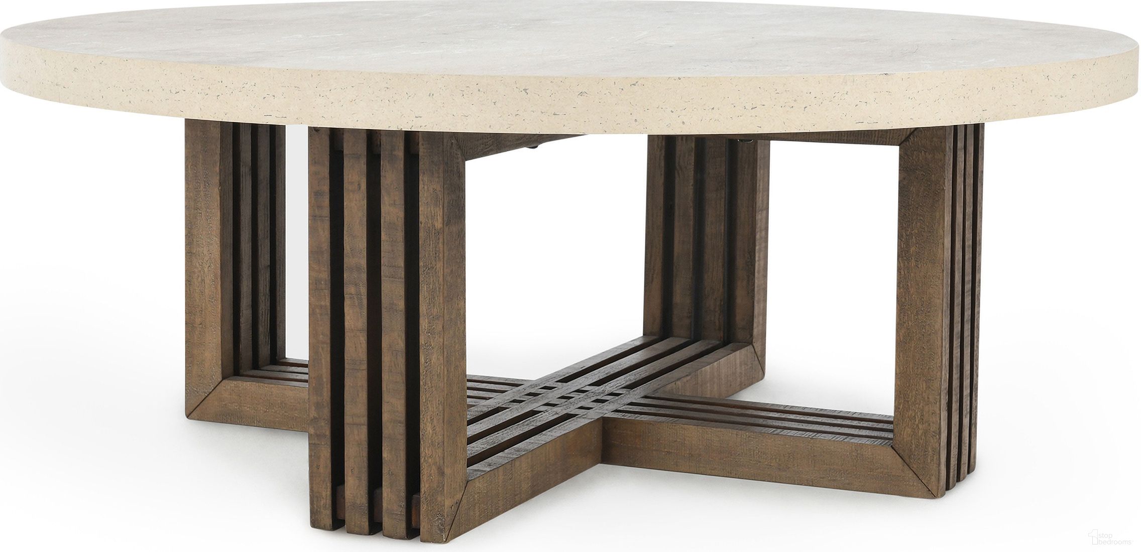 The appearance of Aspen 47 Inch Round Coffee Table In Distressed Brown and Antique White designed by Classic Home in the transitional interior design. This distressed brown and antique white piece of furniture  was selected by 1StopBedrooms from Aspen Collection to add a touch of cosiness and style into your home. Sku: 51031241. Material: Concrete Laminate.