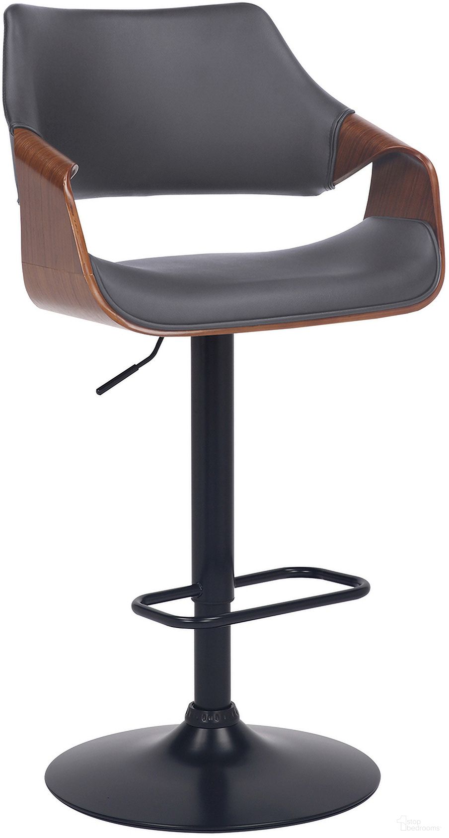 The appearance of Aspen Adjustable Swivel Gray Faux Leather and Walnut Wood Bar Stool with Black Base designed by Armen Living in the transitional interior design. This black piece of furniture was selected by 1StopBedrooms from Aspen Collection to add a touch of cosiness and style into your home. Sku: LCASBAWABLGR. Material: Wood.