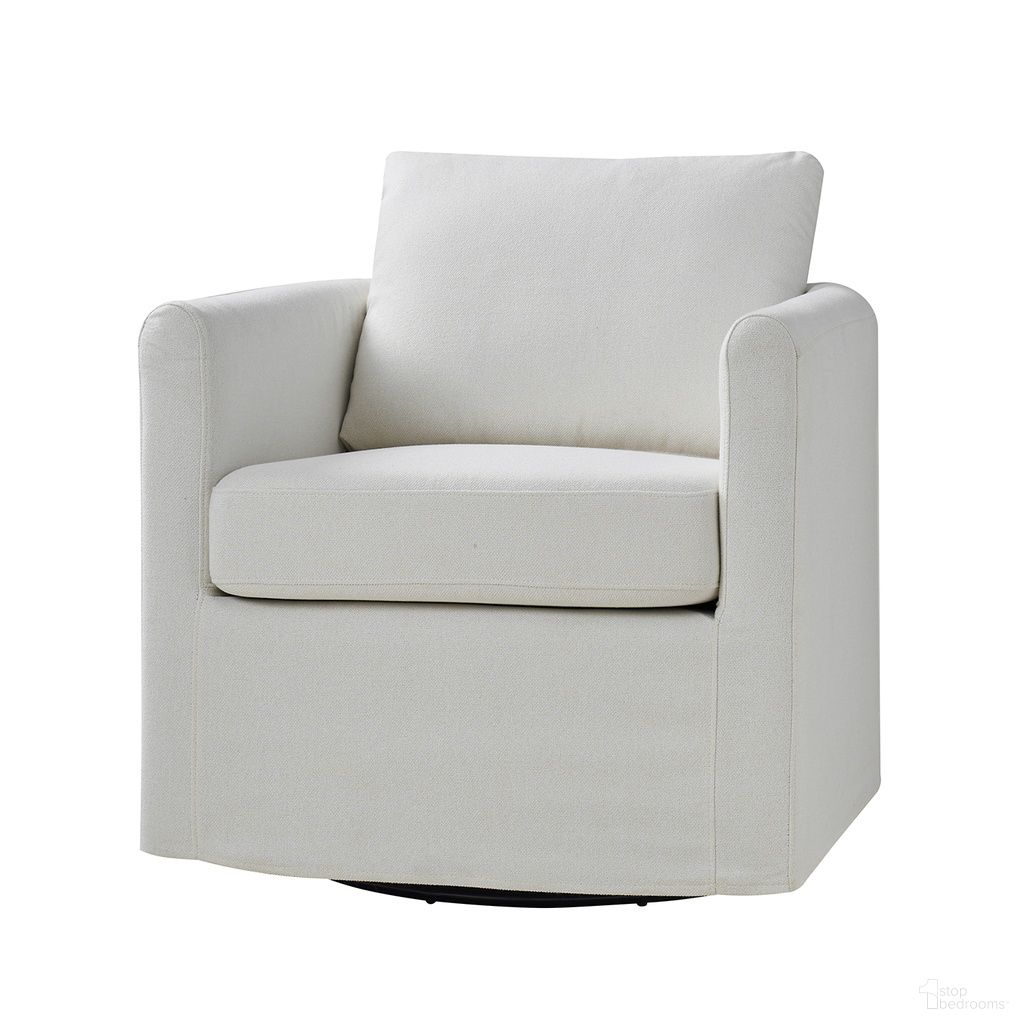 The appearance of Asser Slipcovered Swivel Chair In White designed by Karat Home in the modern / contemporary interior design. This white piece of furniture was selected by 1StopBedrooms from Asser Collection to add a touch of cosiness and style into your home. Sku: CHMJ0949-WTE. Material: Linen Look Fabric.
