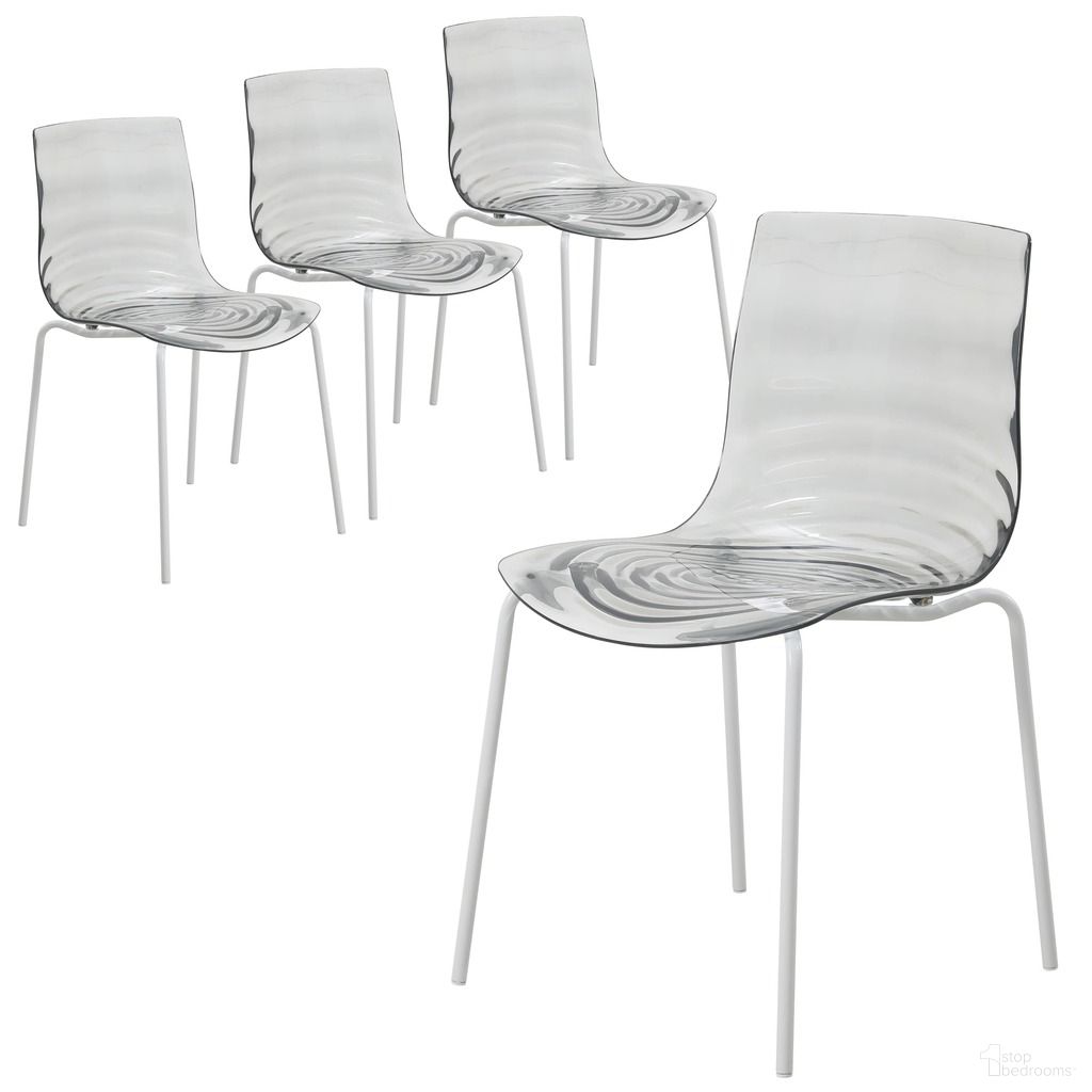 The appearance of Astor Water Ripple Design Dining Chair In White Base and Transparent Black Seat designed by LeisureMod in the modern / contemporary interior design. This transparent black piece of furniture  was selected by 1StopBedrooms from Astor Collection to add a touch of cosiness and style into your home. Sku: ACW-20TBL. Material: Plastic. Chair Type: Side Chair.