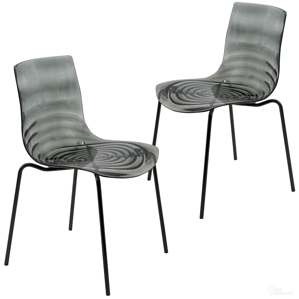 The appearance of Astor Water Ripple Design Dining Chair Set of 2 In Black Base and Transparent Black Seat designed by LeisureMod in the modern / contemporary interior design. This transparent black piece of furniture  was selected by 1StopBedrooms from Astor Collection to add a touch of cosiness and style into your home. Sku: ACBL-20TBL2. Material: Plastic. Chair Type: Side Chair.