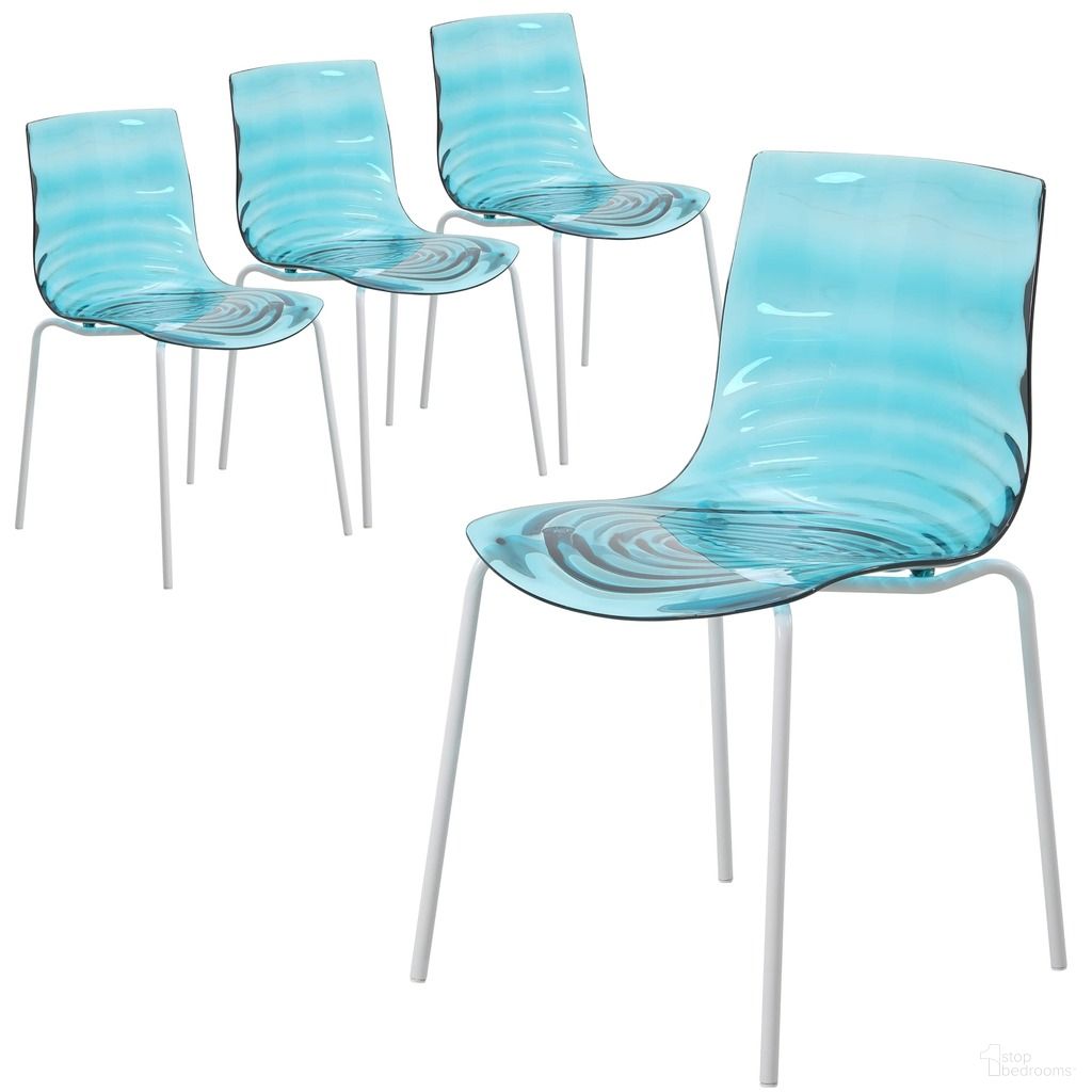 The appearance of Astor Water Ripple Design Dining Chair Set of 2 In White Base and Transparent Blue Seat designed by LeisureMod in the modern / contemporary interior design. This transparent blue piece of furniture  was selected by 1StopBedrooms from Astor Collection to add a touch of cosiness and style into your home. Sku: ACW-20TBU2. Material: Plastic. Chair Type: Side Chair.