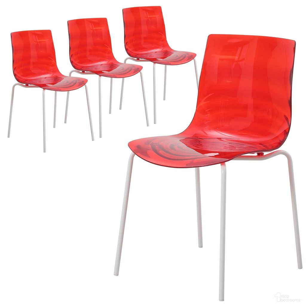 The appearance of Astor Water Ripple Design Dining Chair Set of 2 In White Base and Transparent Red Seat designed by LeisureMod in the modern / contemporary interior design. This transparent red piece of furniture  was selected by 1StopBedrooms from Astor Collection to add a touch of cosiness and style into your home. Sku: ACW-20TR2. Material: Plastic. Chair Type: Side Chair.