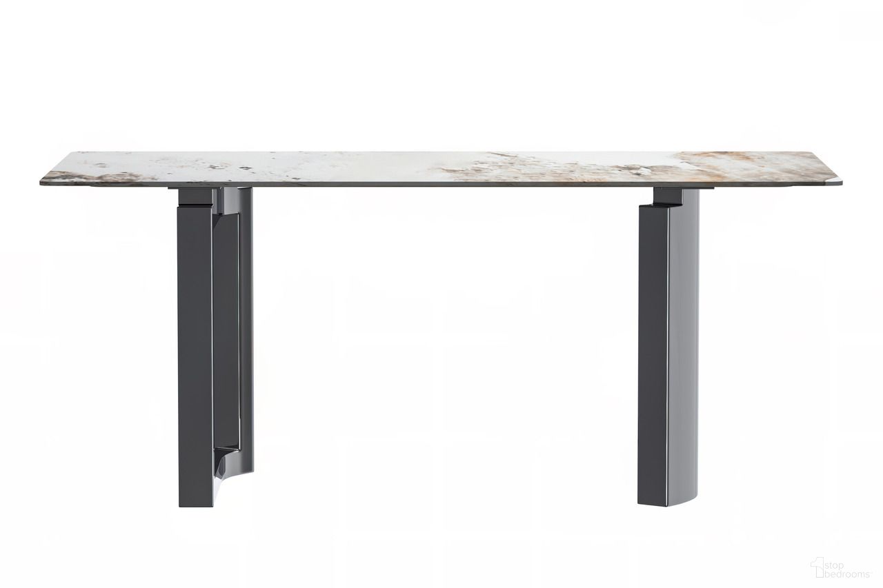 The appearance of Astra 55 Inch Sintered Stone Top with Stainless Steel Base Dining Table In Grey designed by LeisureMod in the modern / contemporary interior design. This grey piece of furniture  was selected by 1StopBedrooms from Astra Collection to add a touch of cosiness and style into your home. Sku: ATSS-55CG-S. Table Base Style: Double Pedestal. Material: Stone. Table Top Shape: Rectangular. Size: 32" x 55".