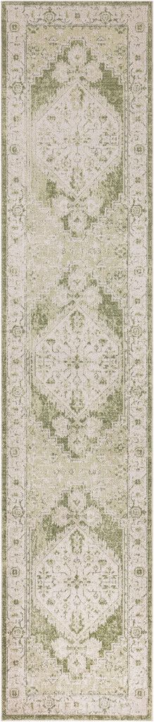 Astra Machine Washable 2'2" x 10' Vintage Indoor Rug In Ivory and Green