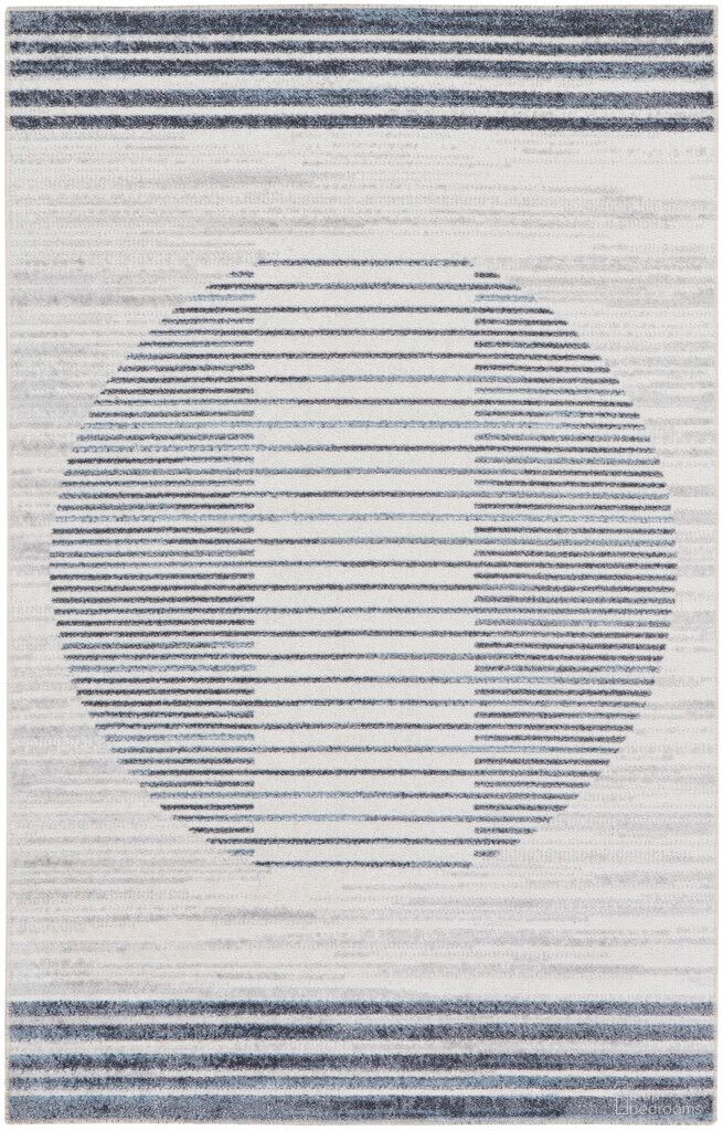The appearance of Astra Machine Washable 2'2" x 4' Mid-Century Modern Indoor Rug In Ivory Blue designed by Nourison in the transitional interior design. This ivory blue piece of furniture was selected by 1StopBedrooms from Astra Collection to add a touch of cosiness and style into your home. Sku: 99446119346. Material: Polyester.
