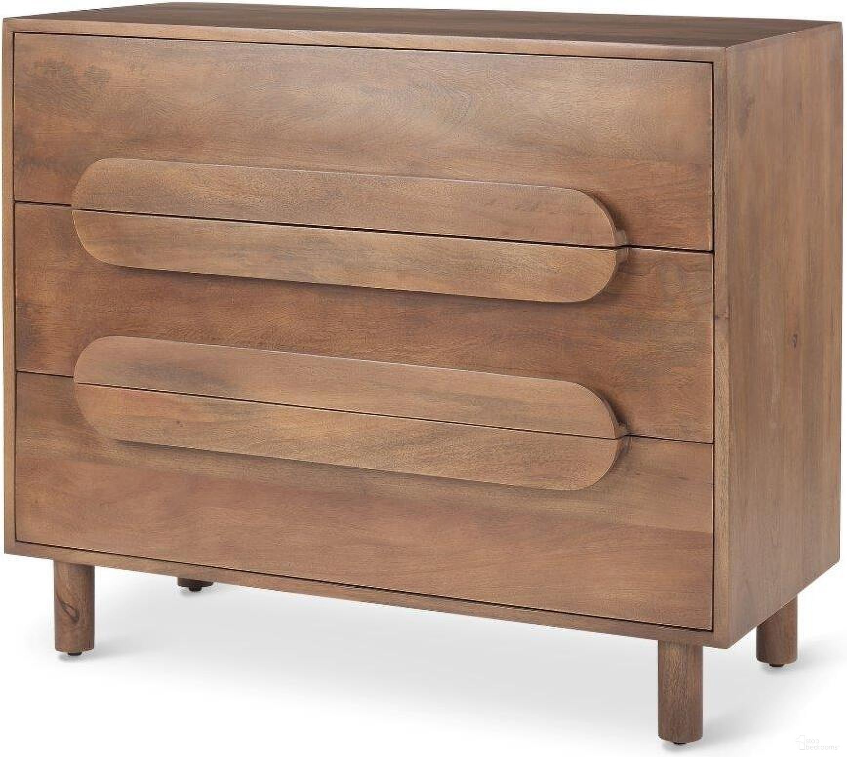 The appearance of Astrid Medium Brown Solid Wood 3 Drawer Cabinet designed by Mercana in the modern / contemporary interior design. This brown piece of furniture  was selected by 1StopBedrooms from Astrid Collection to add a touch of cosiness and style into your home. Sku: 69941. Material: Wood.