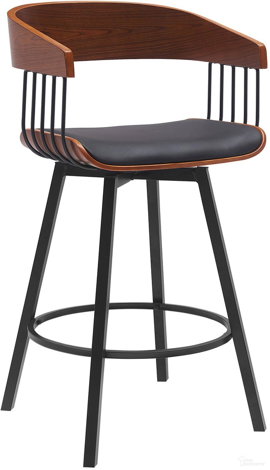 The appearance of Athena 27 Inch Swivel Walnut Wood Counter Stool In Black Faux Leather with Black Metal designed by Armen Living in the modern / contemporary interior design. This black piece of furniture was selected by 1StopBedrooms from Athena Collection to add a touch of cosiness and style into your home. Sku: LCATBAWABLK26. Material: Faux Leather.
