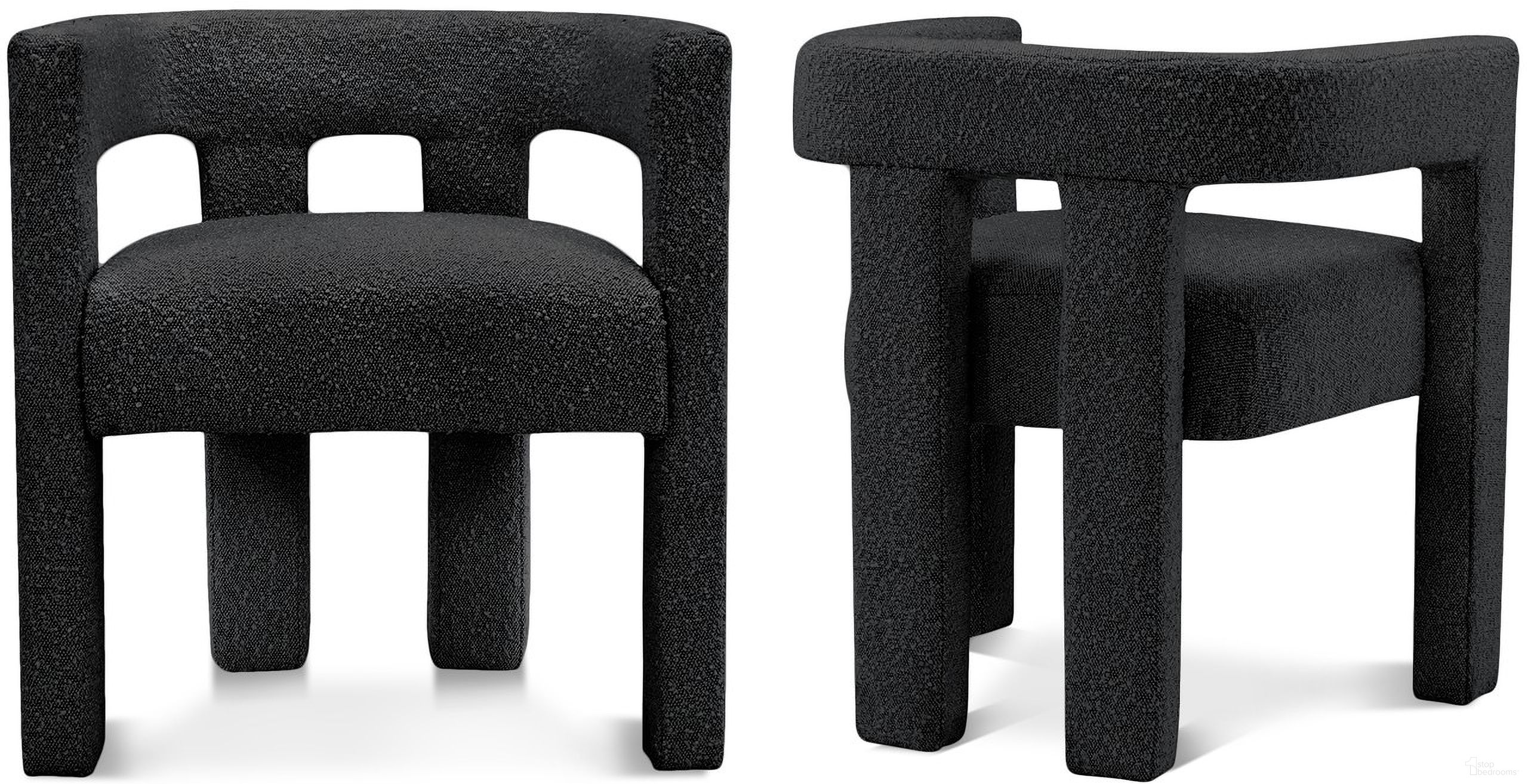The appearance of Athena Boucle Fabric Accent/Dining Chair In Black designed by Meridian in the modern / contemporary interior design. This black piece of furniture was selected by 1StopBedrooms from Athena Collection to add a touch of cosiness and style into your home. Sku: 864Black-C. Material: Wood. Chair Type: Arm Chair.