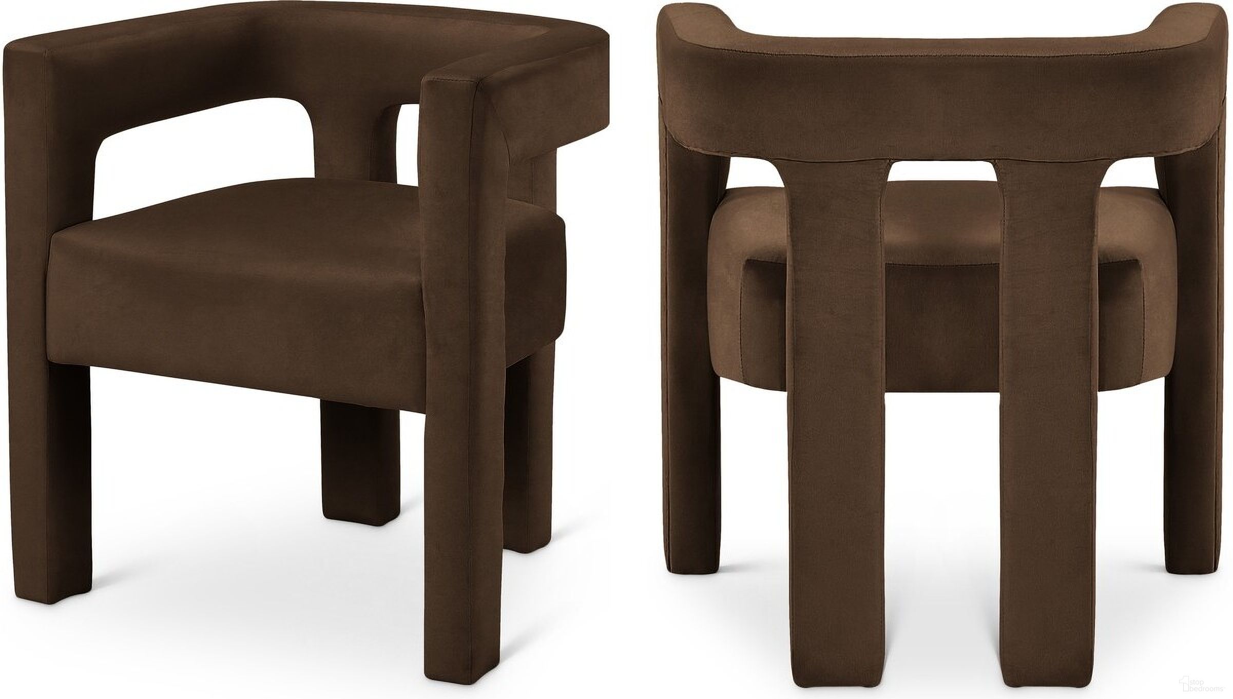 The appearance of Athena Velvet Dining Chair In Brown designed by Meridian in the modern / contemporary interior design. This brown piece of furniture  was selected by 1StopBedrooms from Athena Collection to add a touch of cosiness and style into your home. Sku: 889Brown-C. Material: Velvet. Chair Type: Arm Chair.