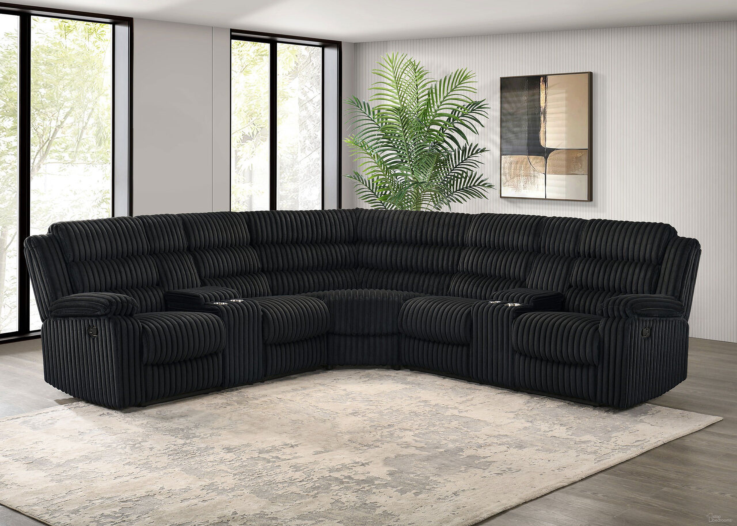 The appearance of Atkinson Upholstered Reclining Sectional Sofa In Black designed by Coaster in the transitional interior design. This black piece of furniture was selected by 1StopBedrooms from Atkinson Collection to add a touch of cosiness and style into your home. Sku: 601520B1;601520B2;601520B3. Layout: L-Shape. Material: Corduroy.