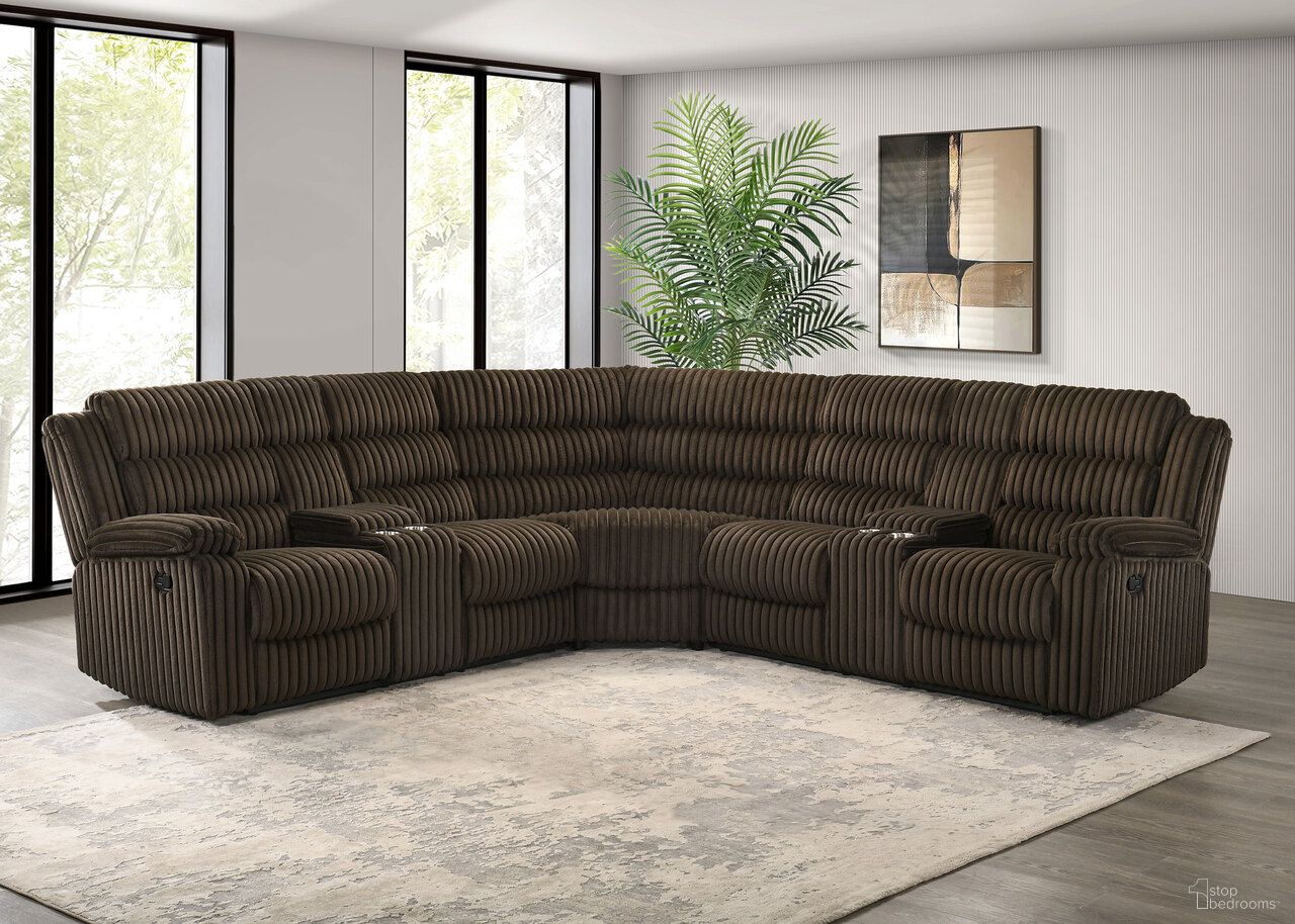 The appearance of Atkinson Upholstered Reclining Sectional Sofa In Chocolate designed by Coaster in the transitional interior design. This chocolate piece of furniture was selected by 1StopBedrooms from Atkinson Collection to add a touch of cosiness and style into your home. Sku: 601510B1;601510B2;601510B3. Layout: L-Shape. Material: Corduroy.