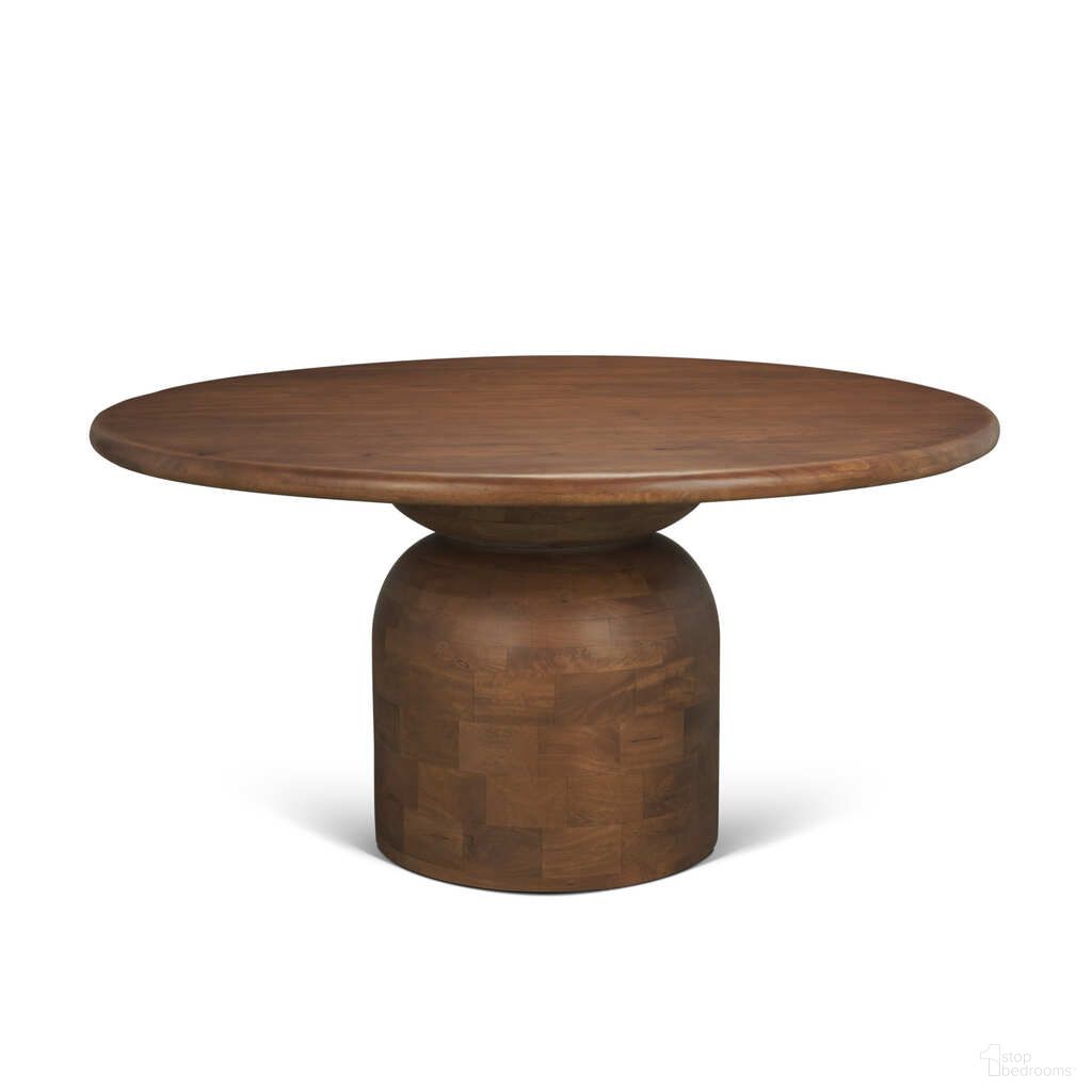 The appearance of Atlas 60 Inch Wood Stacked Pedestal Base Round Dining Table In Warm Medium Brown designed by Mercana in the modern / contemporary interior design. This medium brown piece of furniture  was selected by 1StopBedrooms from Atlas Collection to add a touch of cosiness and style into your home. Sku: 71217-AB. Table Base Style: Pedestal. Table Top Shape: Round. Size: 60". Material: Mango Wood.