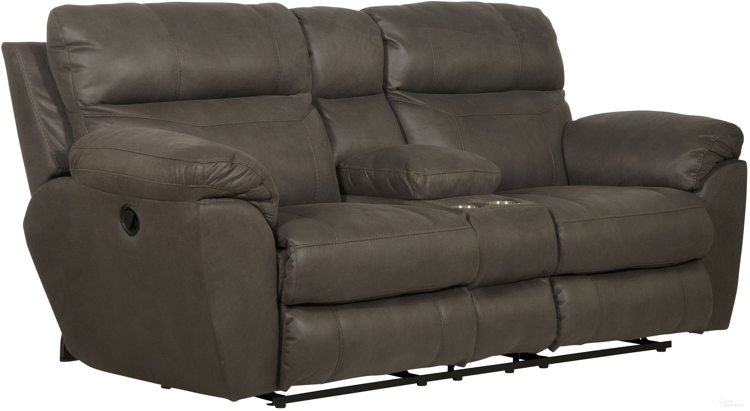 The appearance of Atlas Reclining Console Loveseat In Charcoal designed by Catnapper in the traditional interior design. This charcoal piece of furniture  was selected by 1StopBedrooms from Atlas Collection to add a touch of cosiness and style into your home. Sku: 1009115318125318. Material: Fabric.