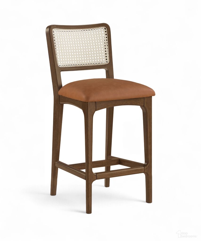 The appearance of Atrium Cane Back and Vegan Leather Upholstered Seat Counter Stool Set of 2 In Cognac designed by Meridian in the modern / contemporary interior design. This cognac piece of furniture  was selected by 1StopBedrooms from Atrium Collection to add a touch of cosiness and style into your home. Sku: 88073Cognac-C. Material: Cane.