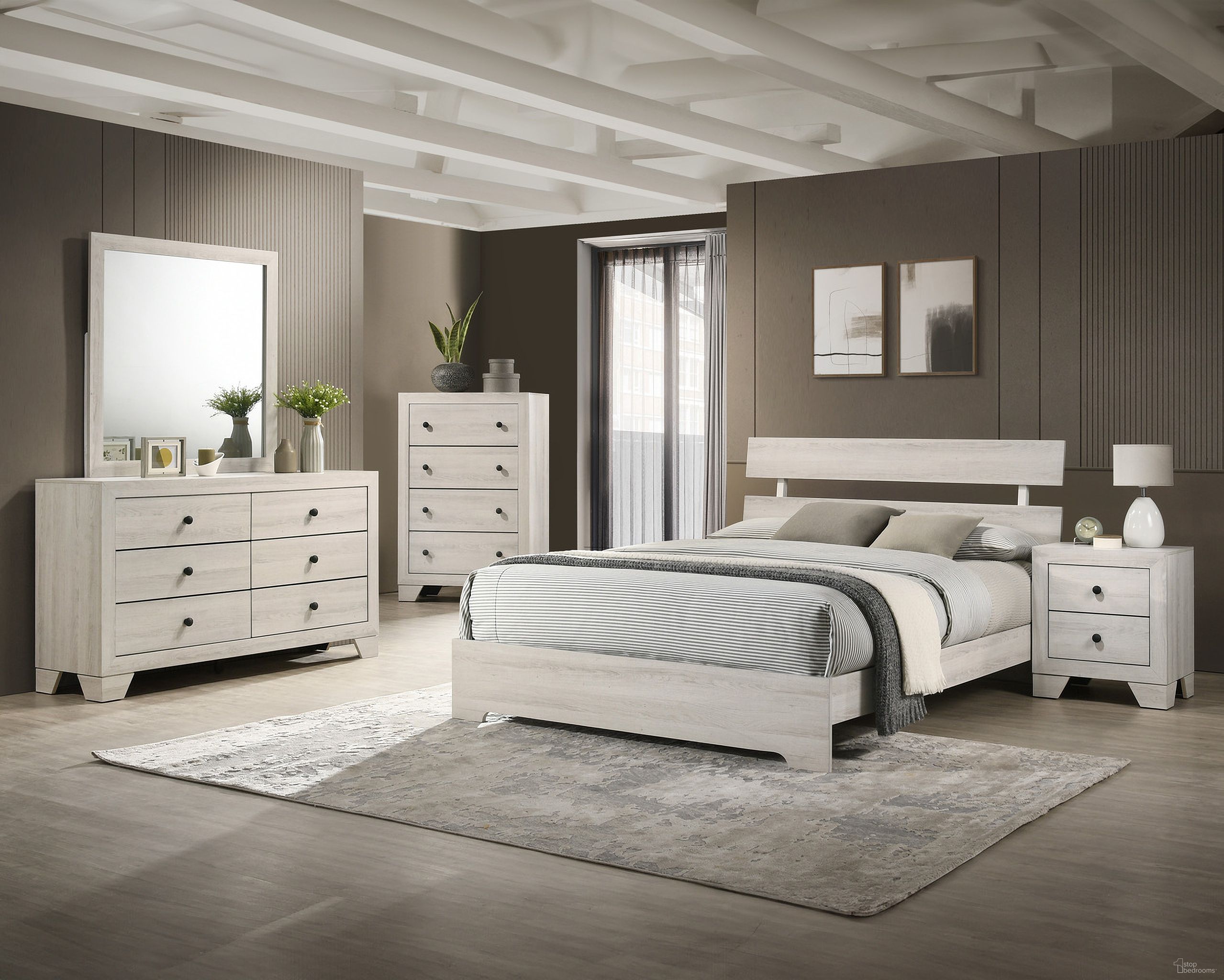 The appearance of Atticus Platform Bedroom Set In White designed by Crown Mark in the rustic / southwestern interior design. This white piece of furniture  was selected by 1StopBedrooms from Atticus Collection to add a touch of cosiness and style into your home. Sku: B6982-Q-BED;B6982-2. Bed Size: King. Material: MDF.
