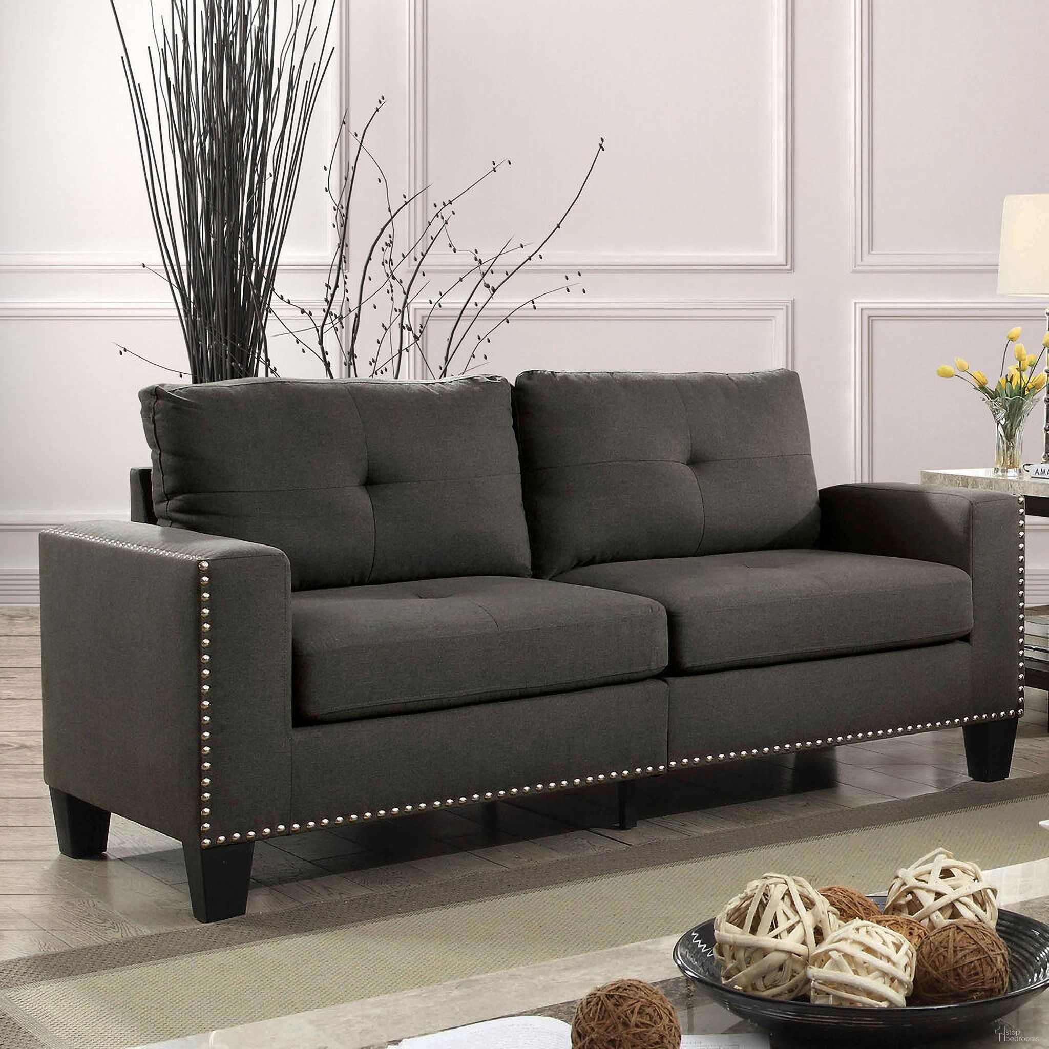 The appearance of Attwell Sofa In Gray designed by Furniture of America in the transitional interior design. This gray piece of furniture was selected by 1StopBedrooms from Attwell Collection to add a touch of cosiness and style into your home. Sku: CM6594-SF-VN. Material: Wood.