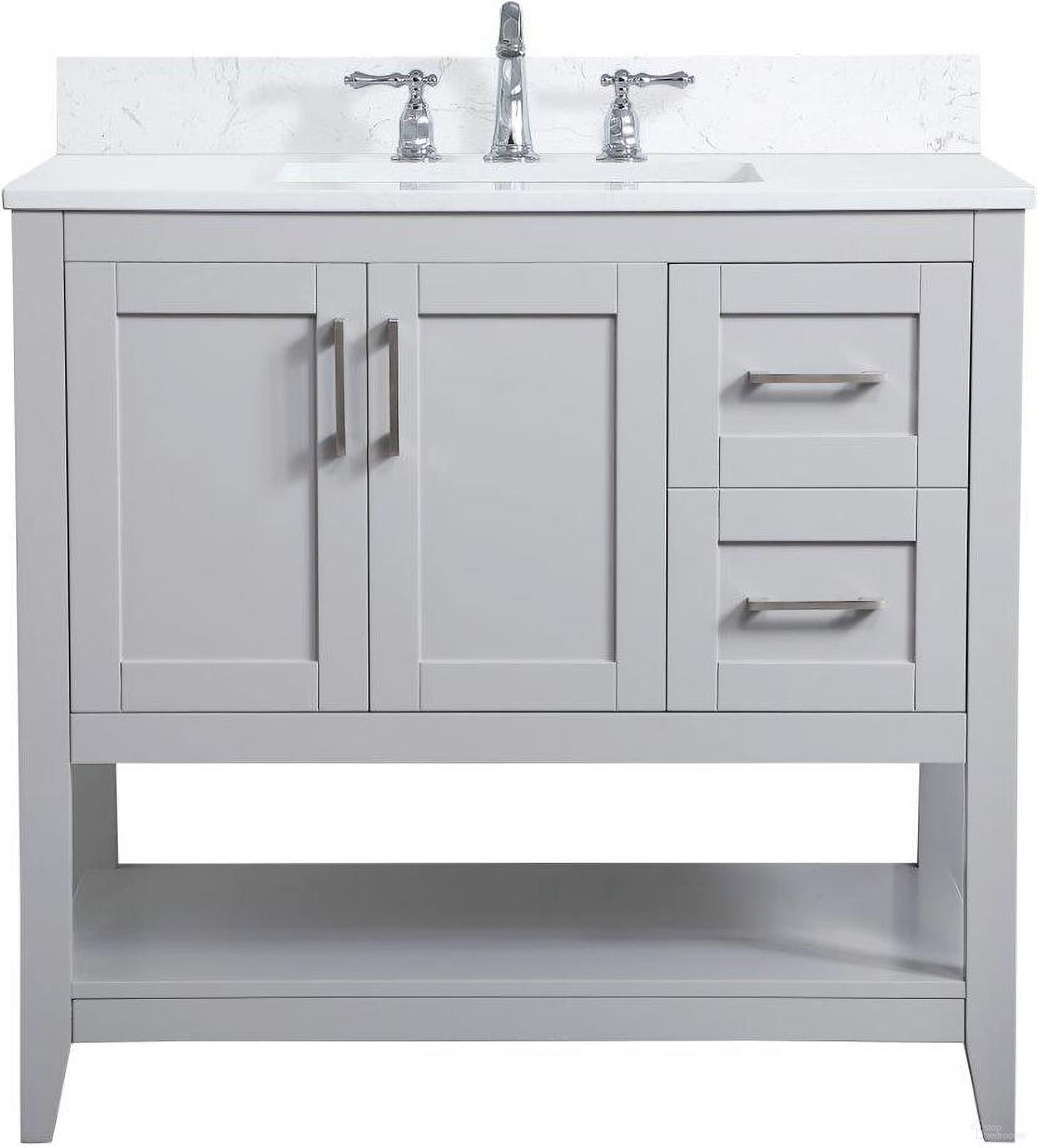 The appearance of Aubrey 36 Inch Single Bathroom Vanity In Grey With Backsplash designed by Elegant Lighting in the traditional interior design. This grey piece of furniture was selected by 1StopBedrooms from Aubrey Collection to add a touch of cosiness and style into your home. Sku: VF16036GR-BS. Material: Wood.