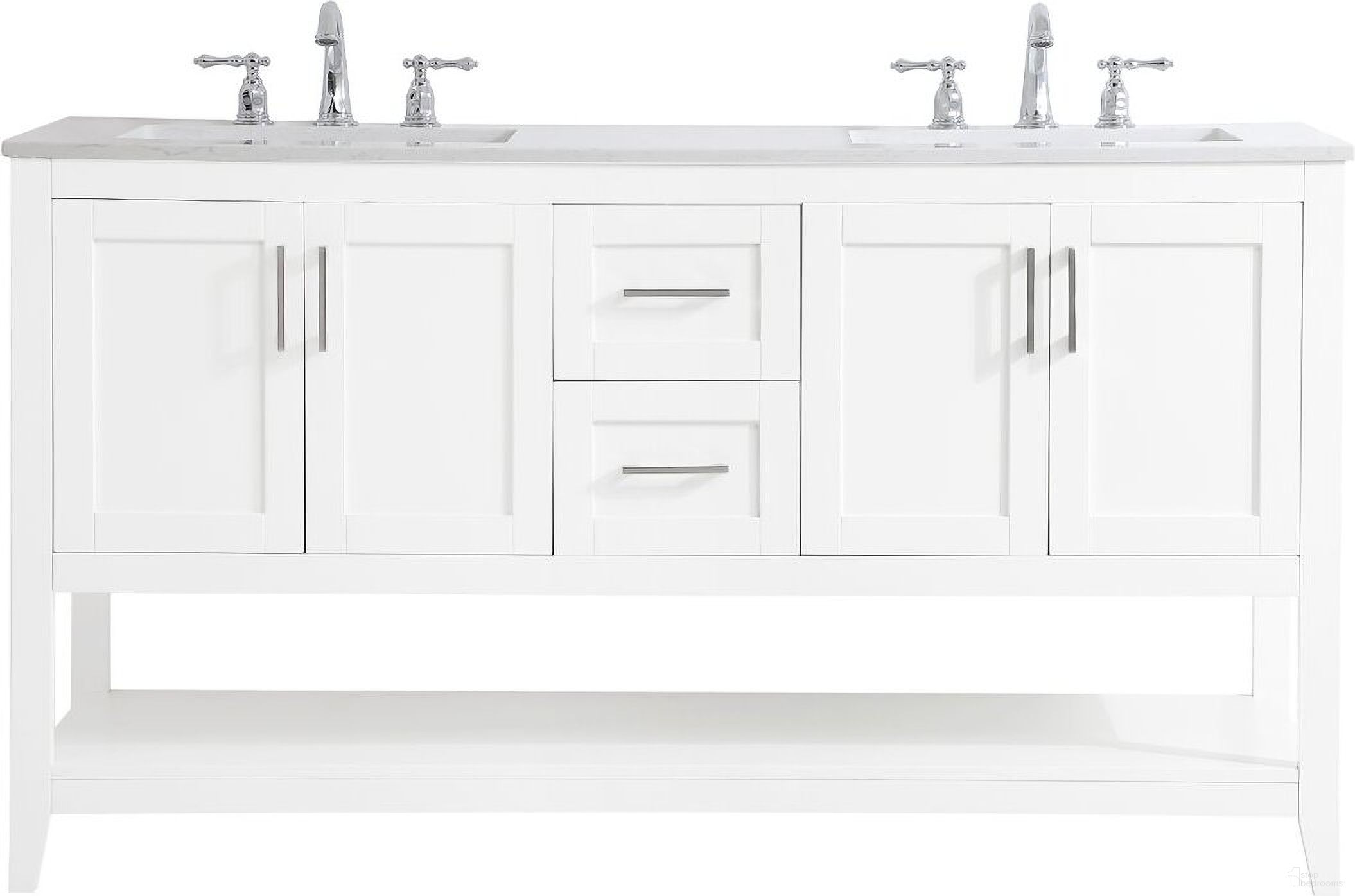 The appearance of Aubrey 60 Inch Double Bathroom Vanity In White designed by Elegant Lighting in the traditional interior design. This white piece of furniture  was selected by 1StopBedrooms from Aubrey Collection to add a touch of cosiness and style into your home. Sku: VF16060DWH. Material: Wood.