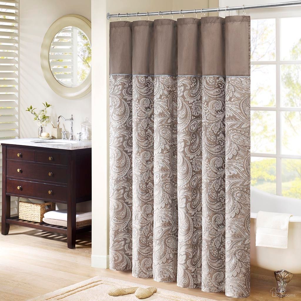 The appearance of Aubrey Jacquard Shower Curtain In Blue and Brown designed by Olliix in the traditional interior design. This blue/brown piece of furniture  was selected by 1StopBedrooms from Aubrey Collection to add a touch of cosiness and style into your home. Sku: MP70-224. Material: Polyester.