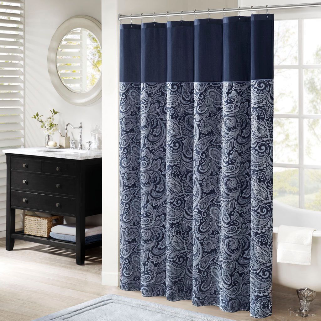 The appearance of Aubrey Jacquard Shower Curtain In Navy designed by Olliix in the traditional interior design. This navy piece of furniture was selected by 1StopBedrooms from Aubrey Collection to add a touch of cosiness and style into your home. Sku: MP70-6459. Material: Polyester.