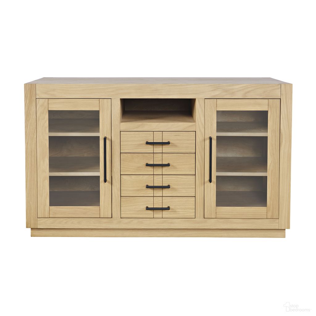 Auburn Hills 50 Inch Media Console with Tempered Glass Doors, Drawers and Adjustable Shelves In Light Oak