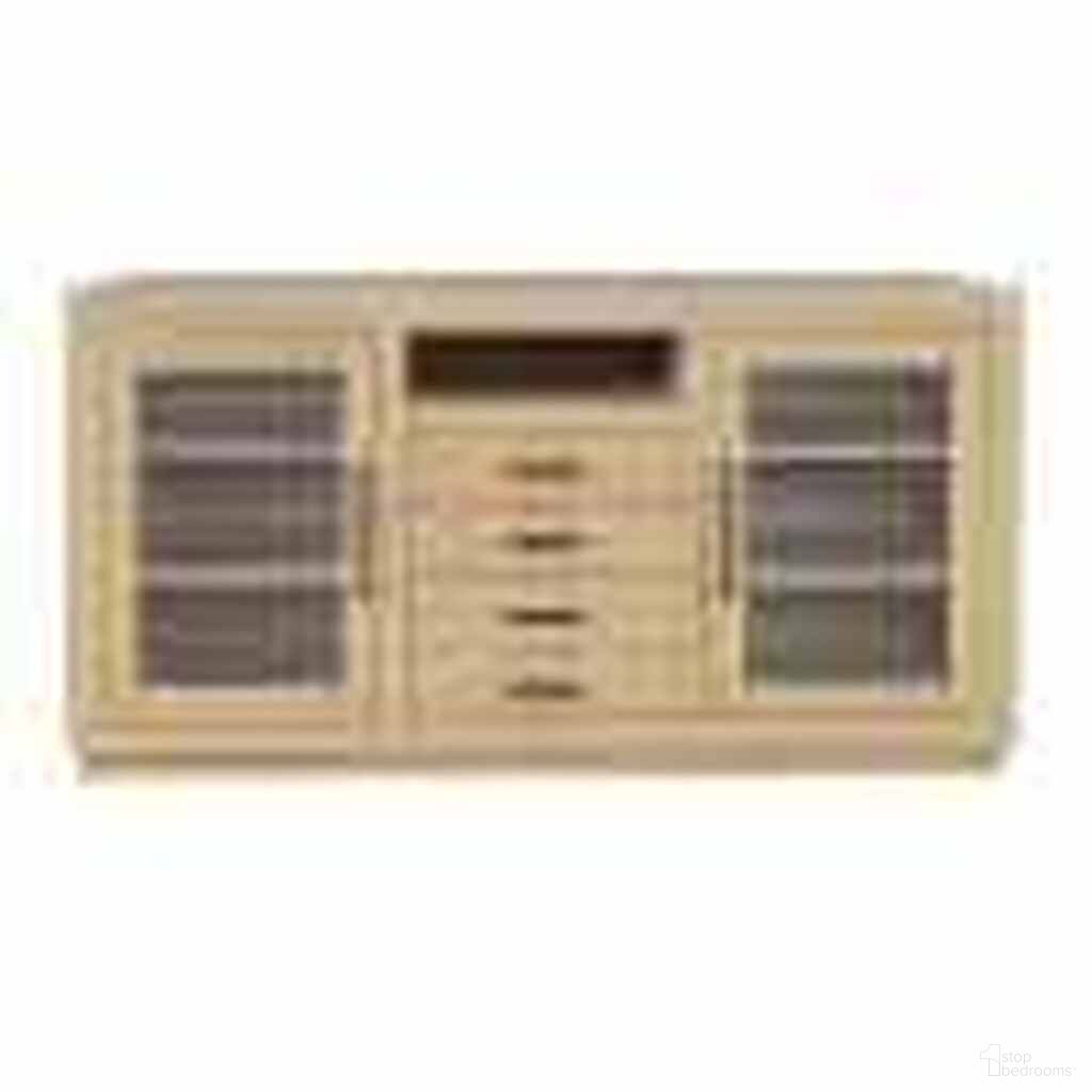 Auburn Hills 60 Inch Media Console with Tempered Glass Doors, Drawers and Adjustable Shelves In Light Oak