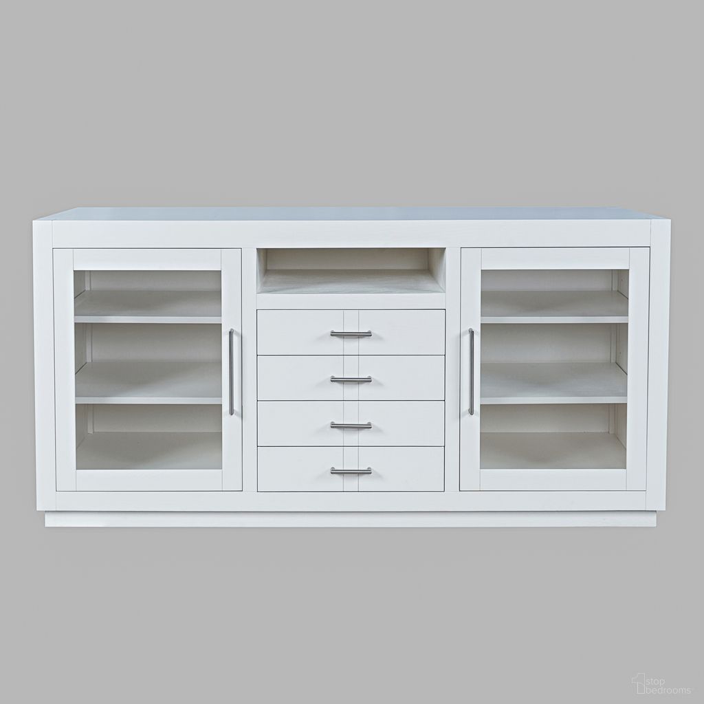 Auburn Hills 60 Inch Media Console with Tempered Glass Doors, Drawers and Adjustable Shelves In White