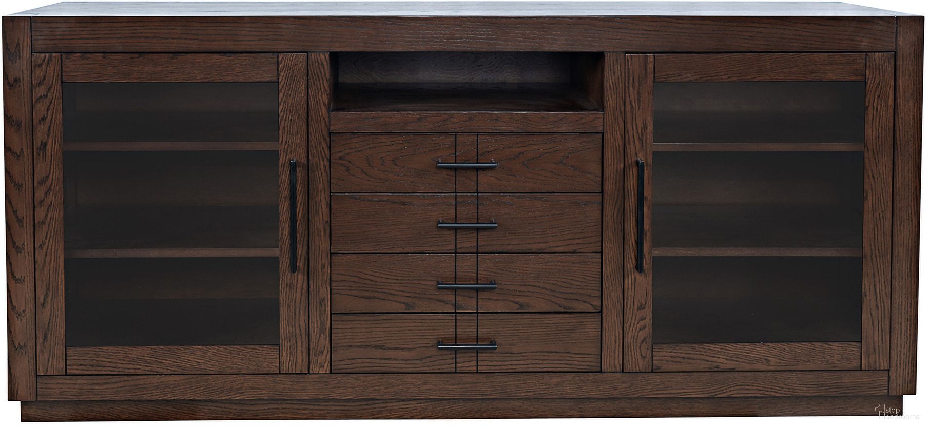 Auburn Hills 70 Inch Media Console with Tempered Glass Doors, Drawers and Adjustable Shelves In Dark Oak